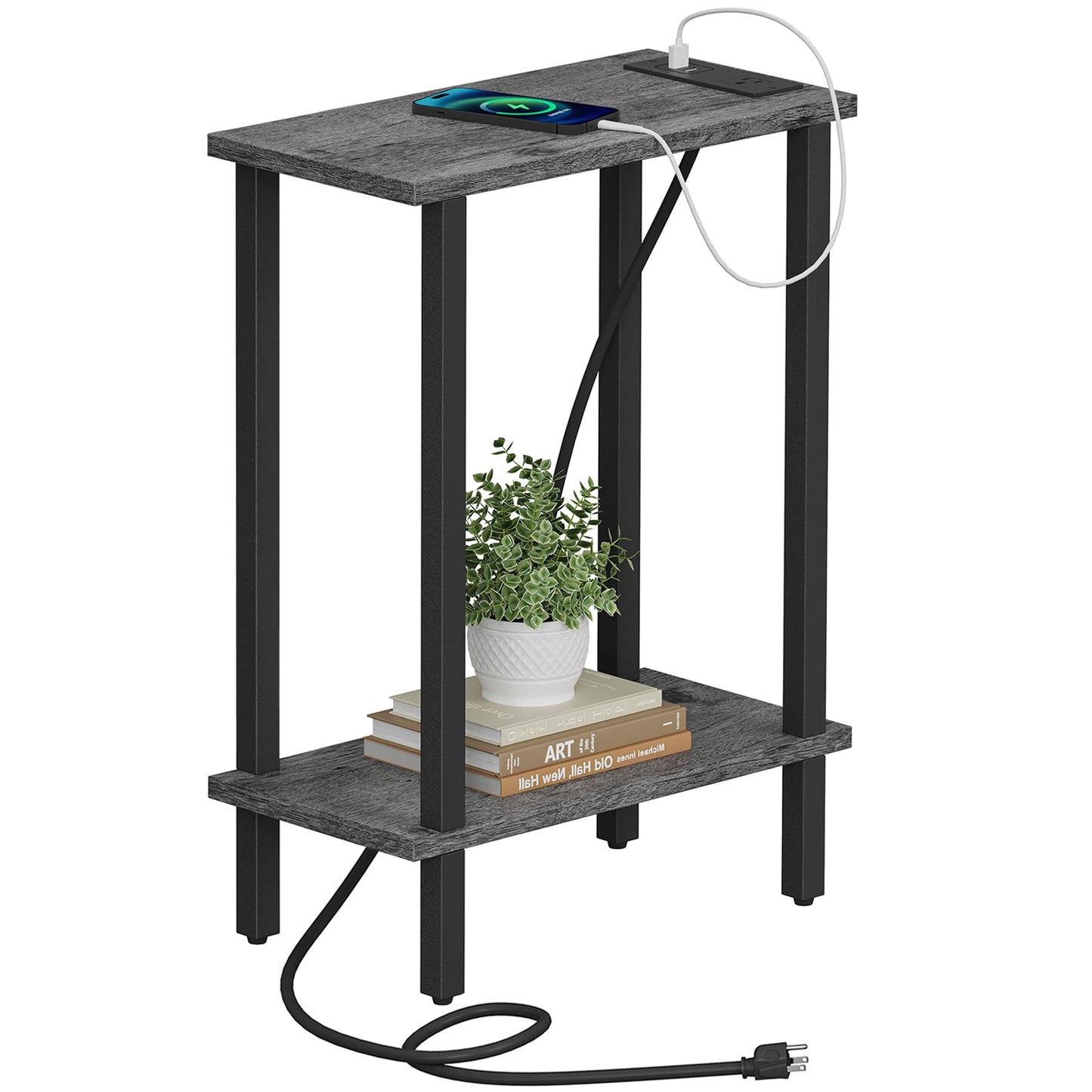 TUTOTAK Small End Table with Charging Station, Narrow Side Table with USB Ports and Outlets, Skinny Sofa Table, Slim Nightstand, Living Room, Bed Room, Charcoal Grey TB01BY060
