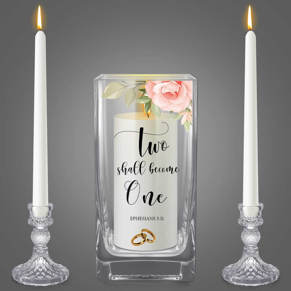 FoldTier Unity Candles with Holder for Wedding Ceremony Set 1 6" Pillar 2 9.8'' Taper Candles 3 Candlestick for Religious Formal Events Church(Flower)
