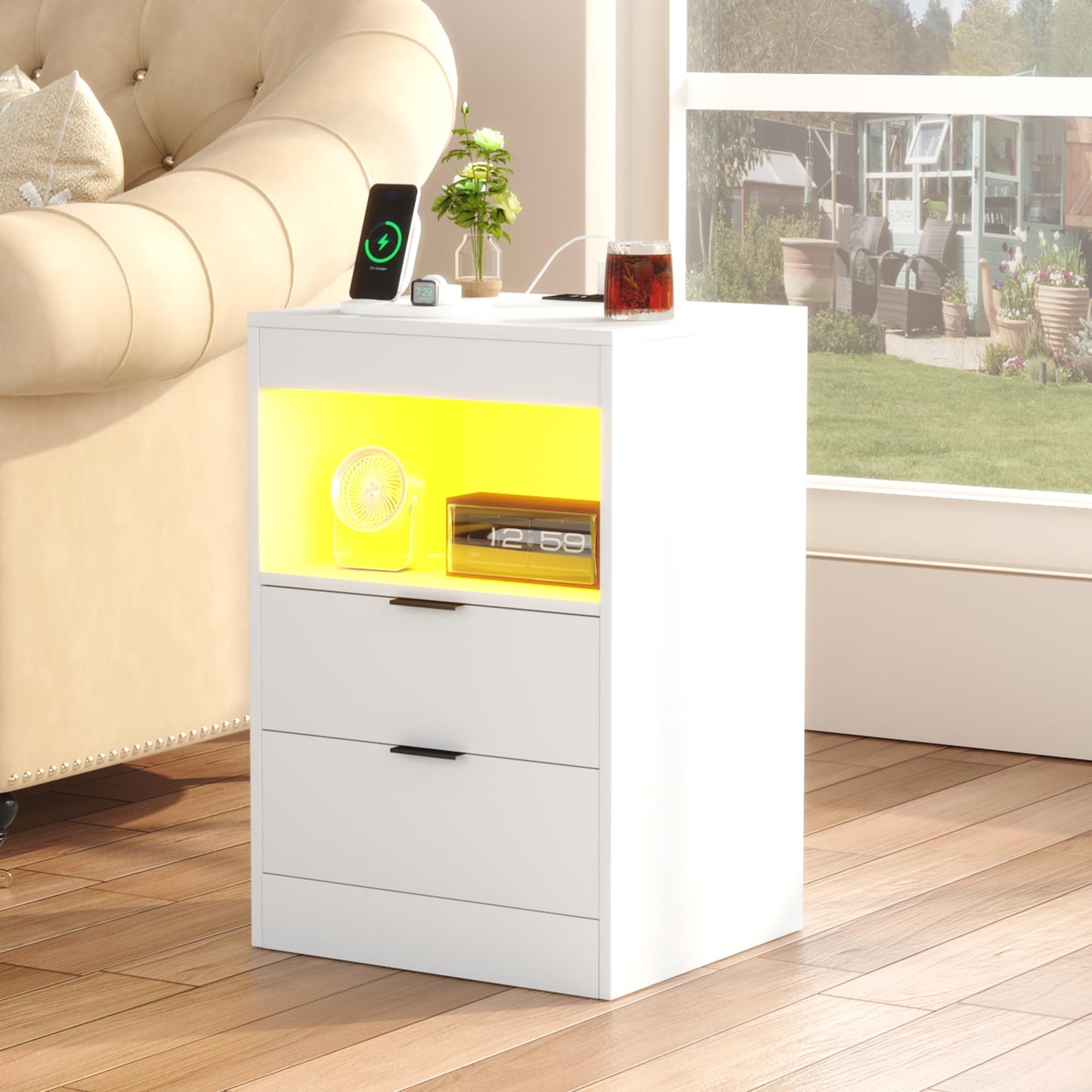Gadroad LED Nightstand with Charging Station, Bedside Table with USB Ports & Power Outlets, Modern Night Stand with Drawers for Bedroom Small Spaces, White