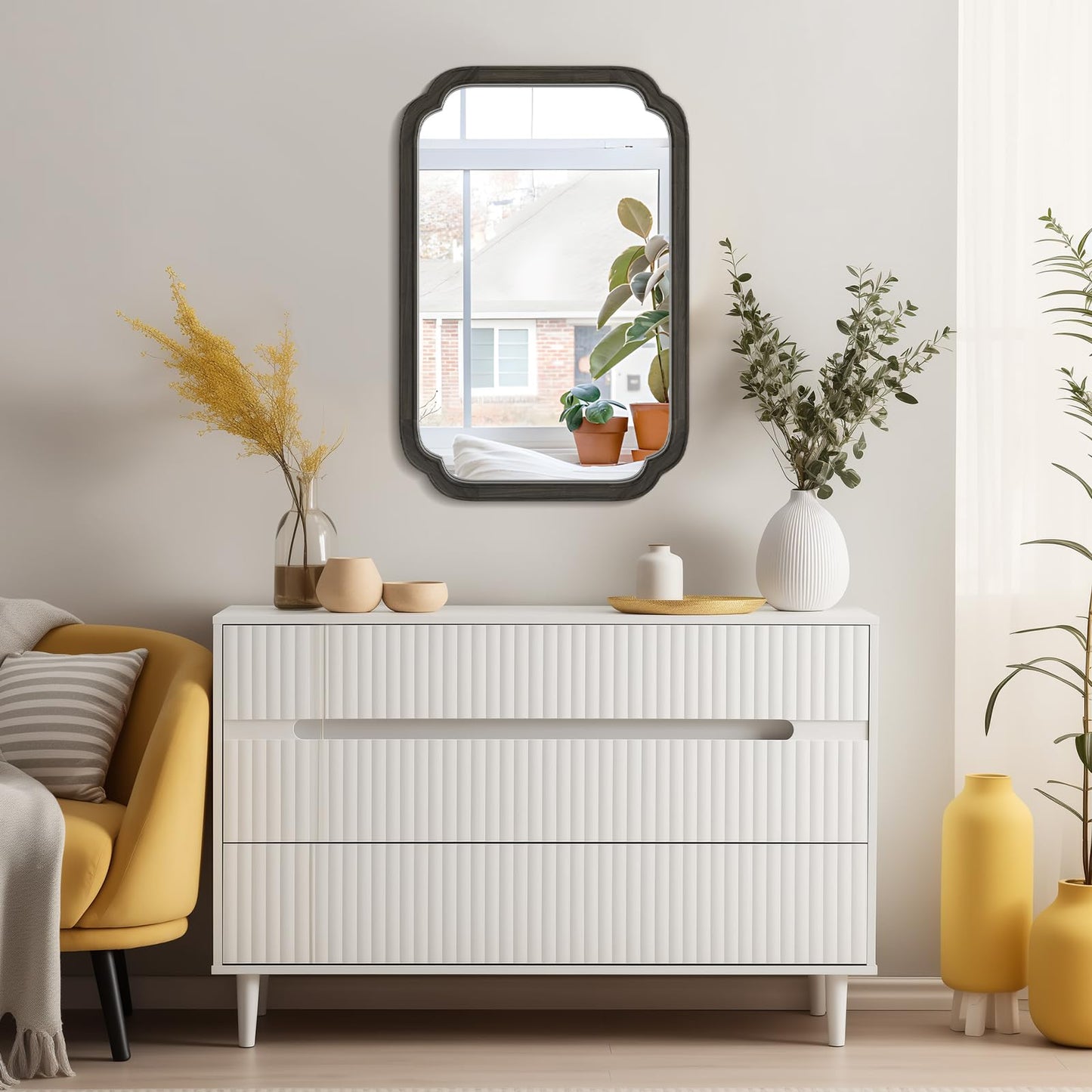 WallBeyond 20" x 30" Rounded Corner Arch Wall Mirror with Wood Frame for Entryway, Living Room or Bedroom Home Decor - Light Woodgrain [20" x 30" Black]