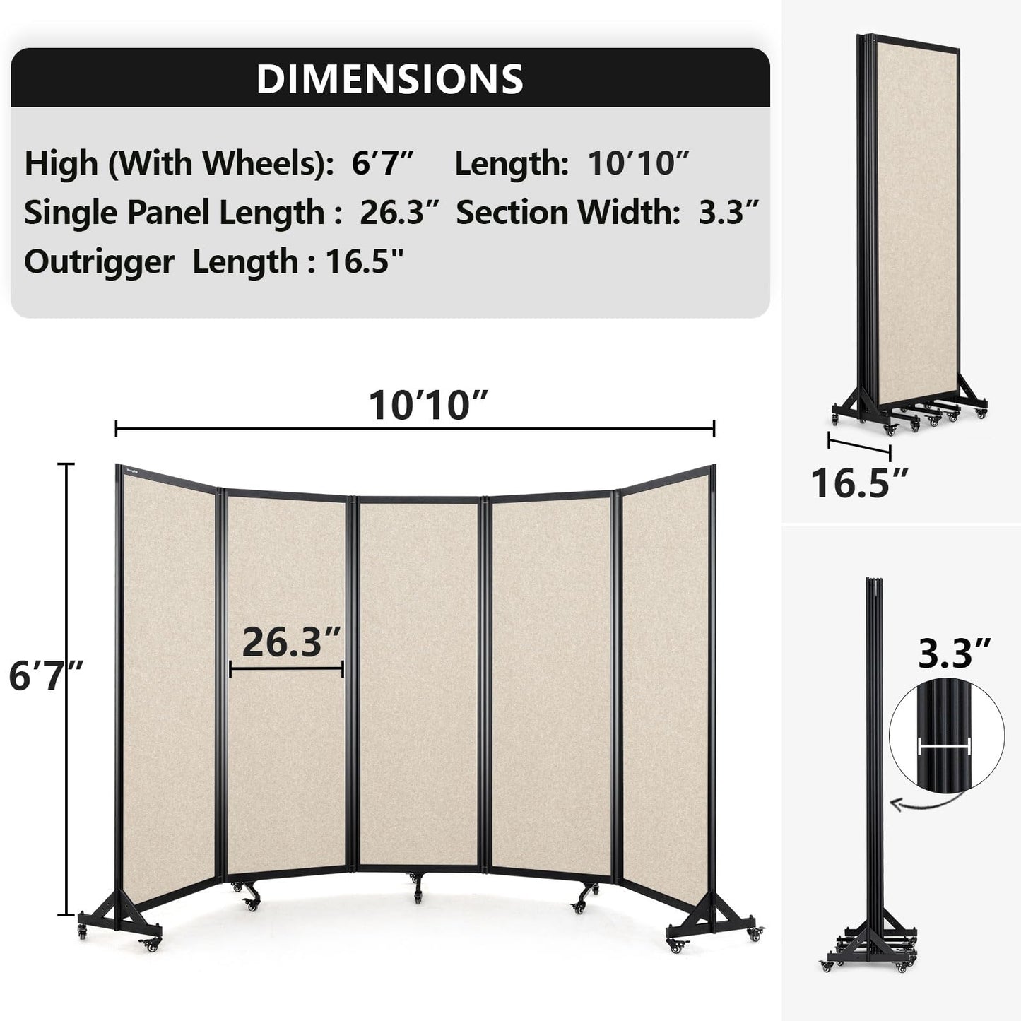 Strongbird Room Partition,Folding Privacy Divider,Office Partition Dividers,Office Dividers Wall, 10'6"W x 6'7"H,Beige