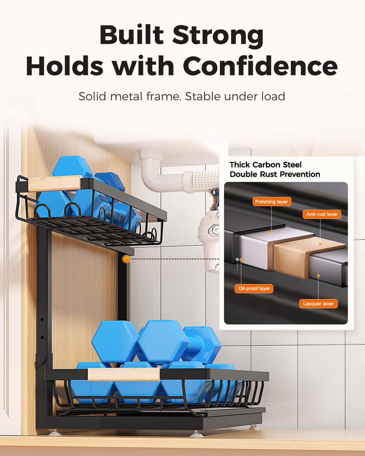 Sevenblue 2 Packs Under Sink Organizer, Height Adjustable 2 Tier Under Kitchen Sink Organizer, Multi-Purpose Storage Shelf for Kitchen Bathroom Cabinet (Black, Large)