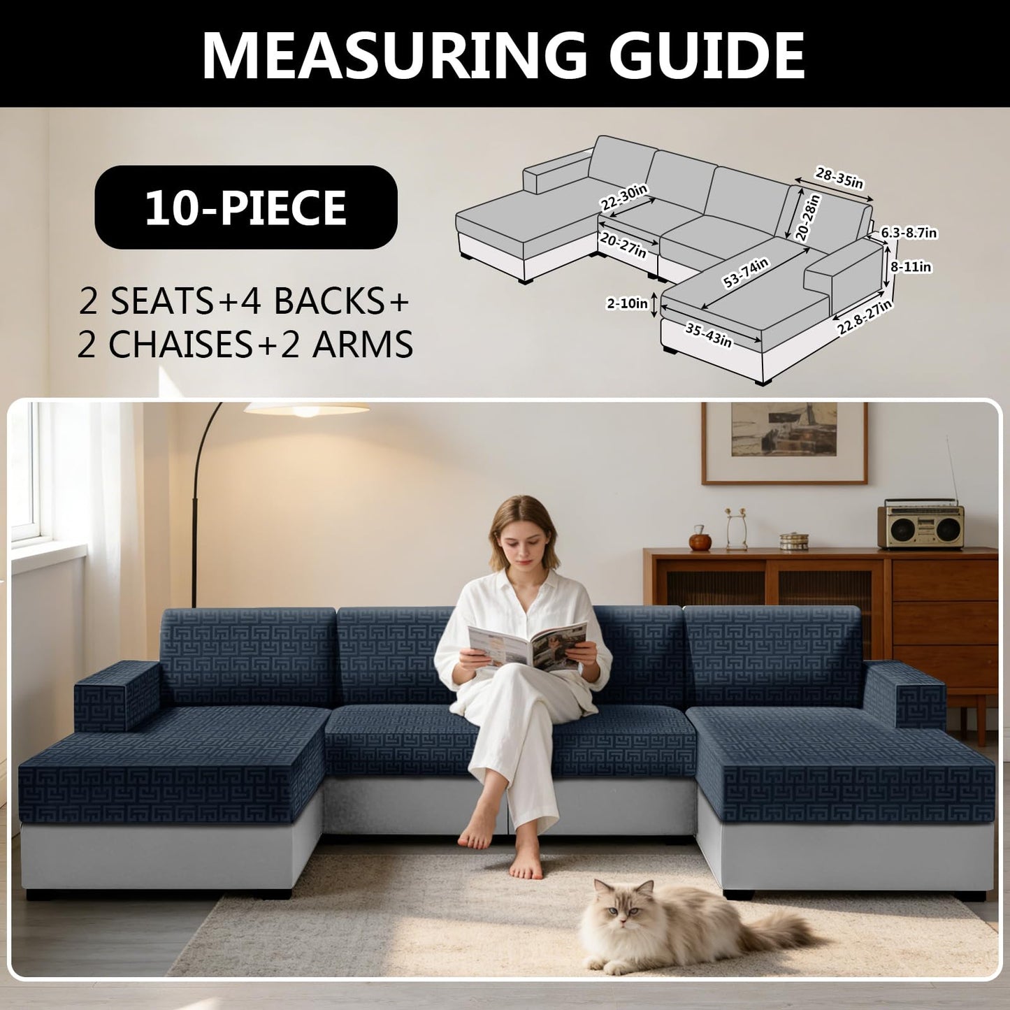 UNBBRRL 10 Pieces Stretch Sofa Cushion Covers for U-Shaped Modular Sectional Couch with 4 Seats+4 Backs+2 Arms, Upholstered Covers for Sofa Bed with Deep Double Chaise (Denim Blue,10 Pieces Set)