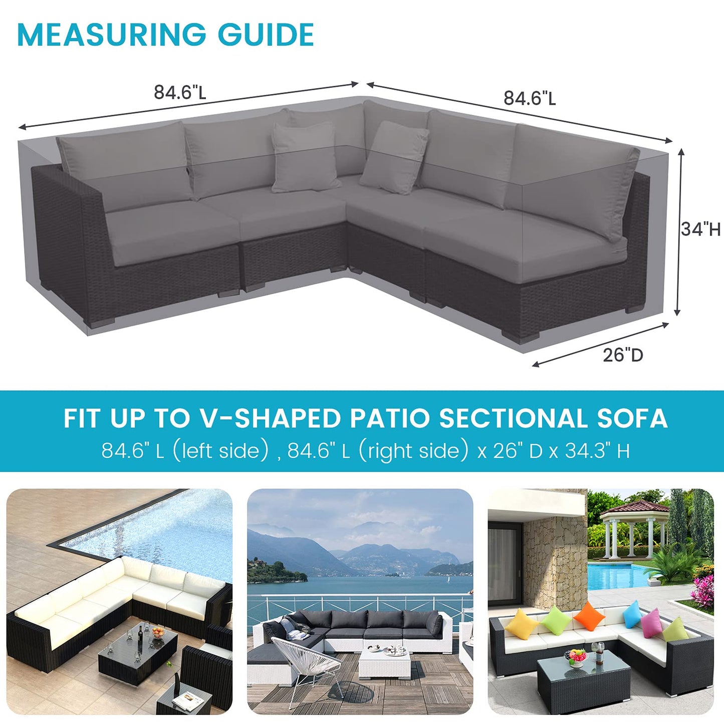 Patio Sectional Sofa Cover Outdoor Waterproof Windproof 85" X 85" V-Shaped Garden Couch Furniture Protector Cover for Lawn Garden Sectional L Couch