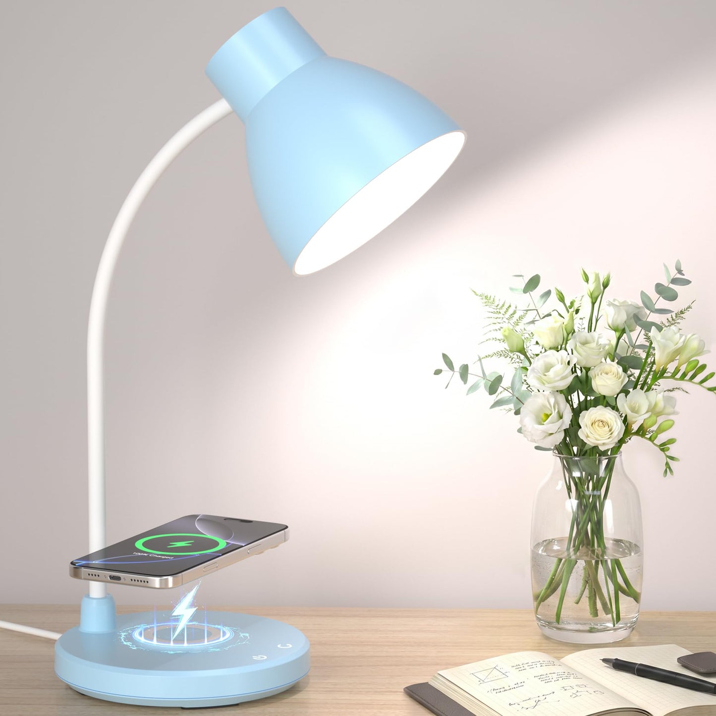 Vicsoon Desk Lamps for Home Office - LED Desk Lamp with Wireless Charger, 3 Color Modes Dimmable Eye-Caring Study Reading Desk Light, Small Flexible Arm Table Lamp for College Dorm Room Bedside, Blue