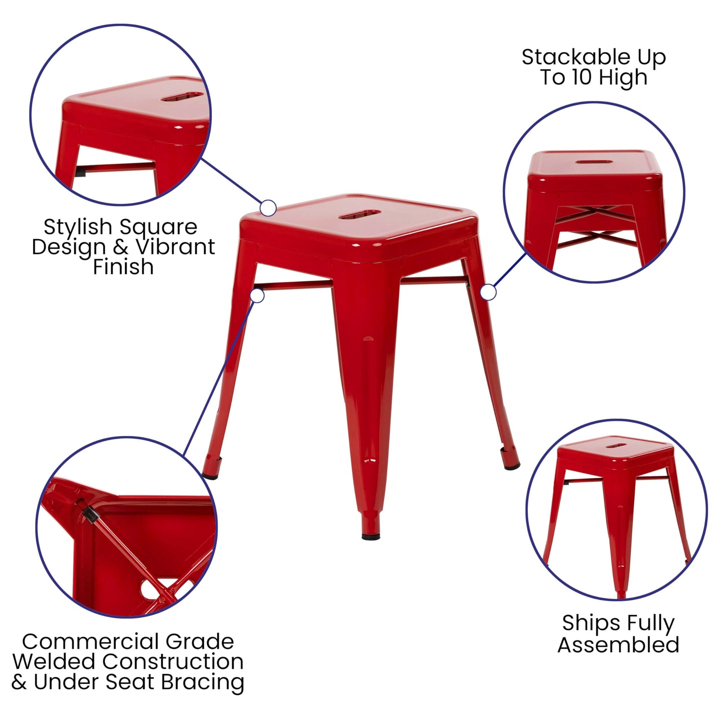 Flash Furniture Metal Dining Table Height Stool - Backless Red Kai Commercial Grade Stool - 18 Inch Stackable Dining Chair - Set of 4