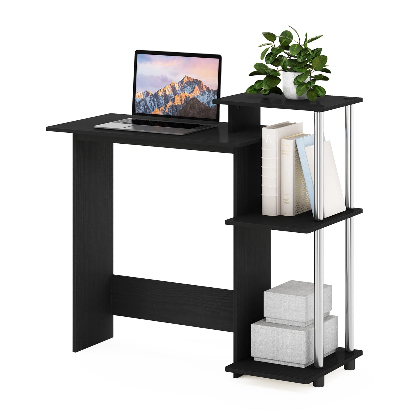 Furinno EFFICIENT Desk, 28.6" Wide Gaming Desk with 3 Open Side Shelves, Laptop Notebook Computer Desk, Office Desk for Home Office, Study Room, Dorm, Bedroom, Americano/Stainless Steel