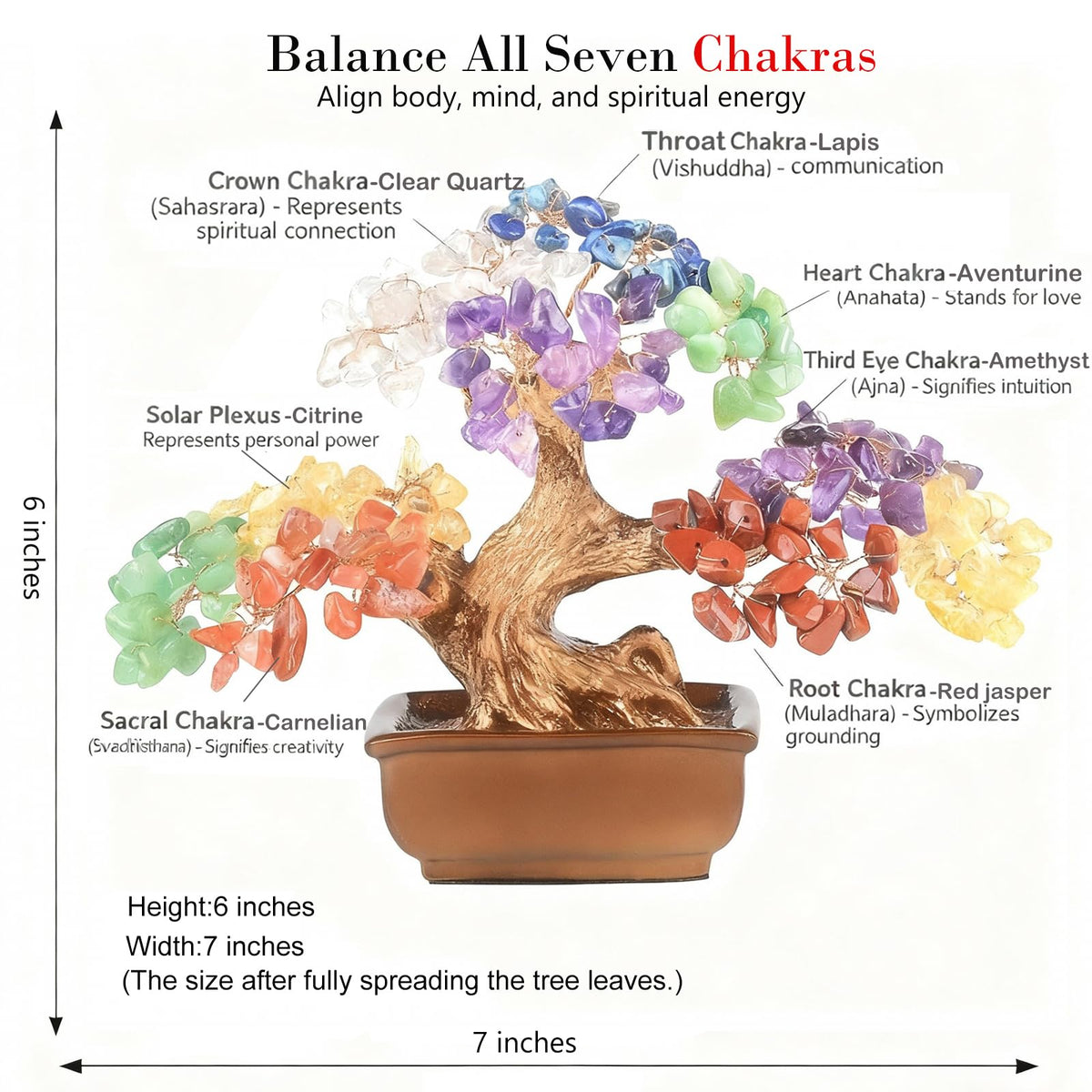 MASGEMES 7 Chakra Tree of Life Handmade Gemstone Bonsai Tree with 180 Large Beads- Healing Stones, Birthday Gifts for Women - Crystal Tree for Positive Energy, Home Office Decor