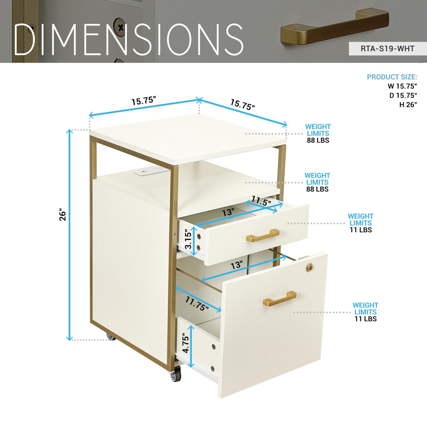 Modern 2-Drawer Rolling File Cabinet with Lock, 2 USB Ports and Power Outlet for Device Charging, Portable File Organizer or Printer Stand for Office or Home with Locking Wheels, White & Gold