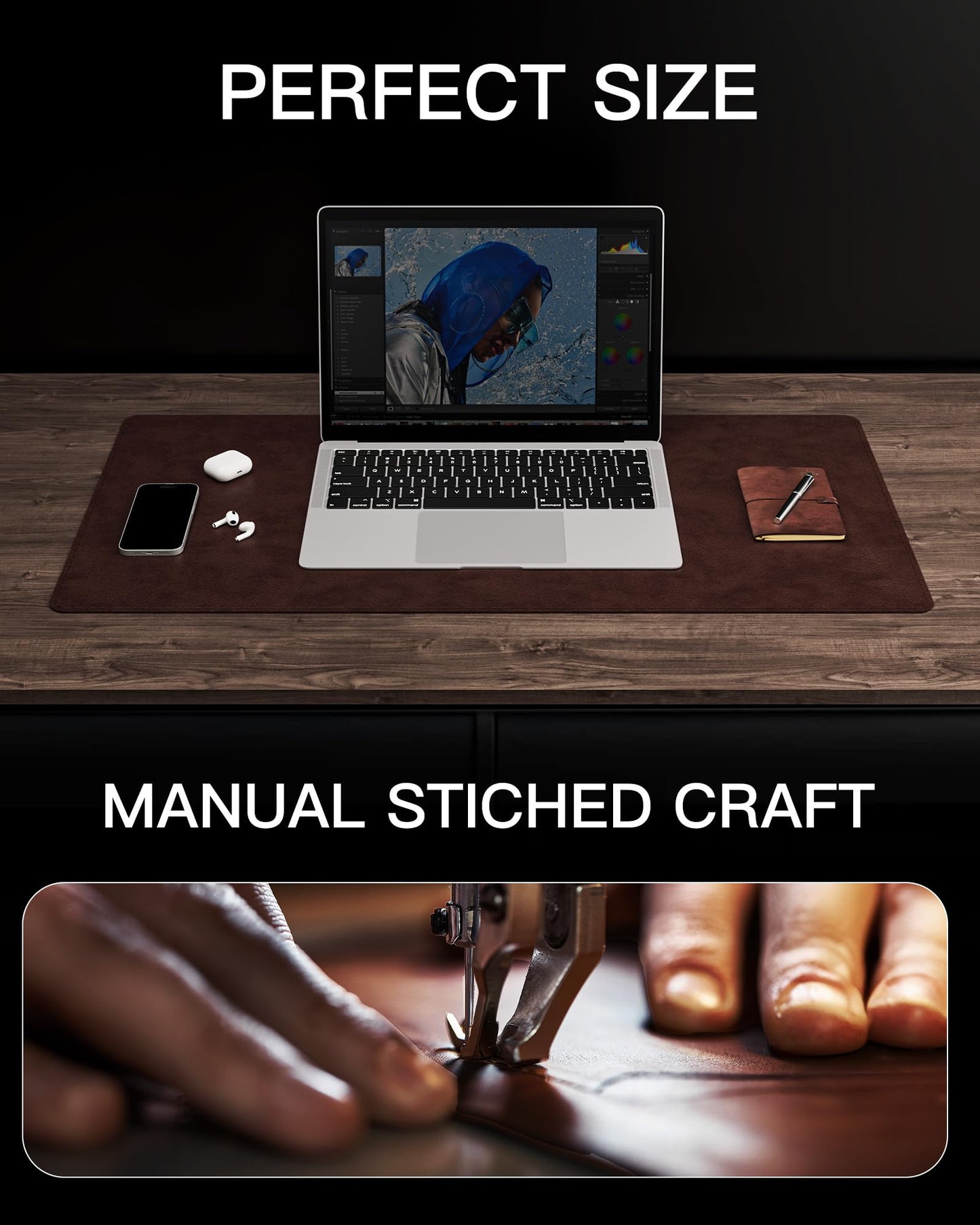 YSAGi Genuine Leather Desk Mat, 31.5"x15.8" Office Desk Pad, Thick Premium Table Pad with Stitched Line, Non-Slip Laptop Writing Pad with Rubber Base (Dark Brown, 31.5"x15.8")