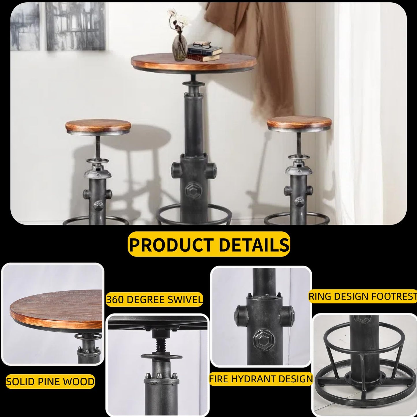 BOKKOLIK Industrial Bistro Bar Table 38.6-44.4inch Height Adjustable Farmhouse Pub Table for Kitchen Dinning Room Office Swivel Wooden Top