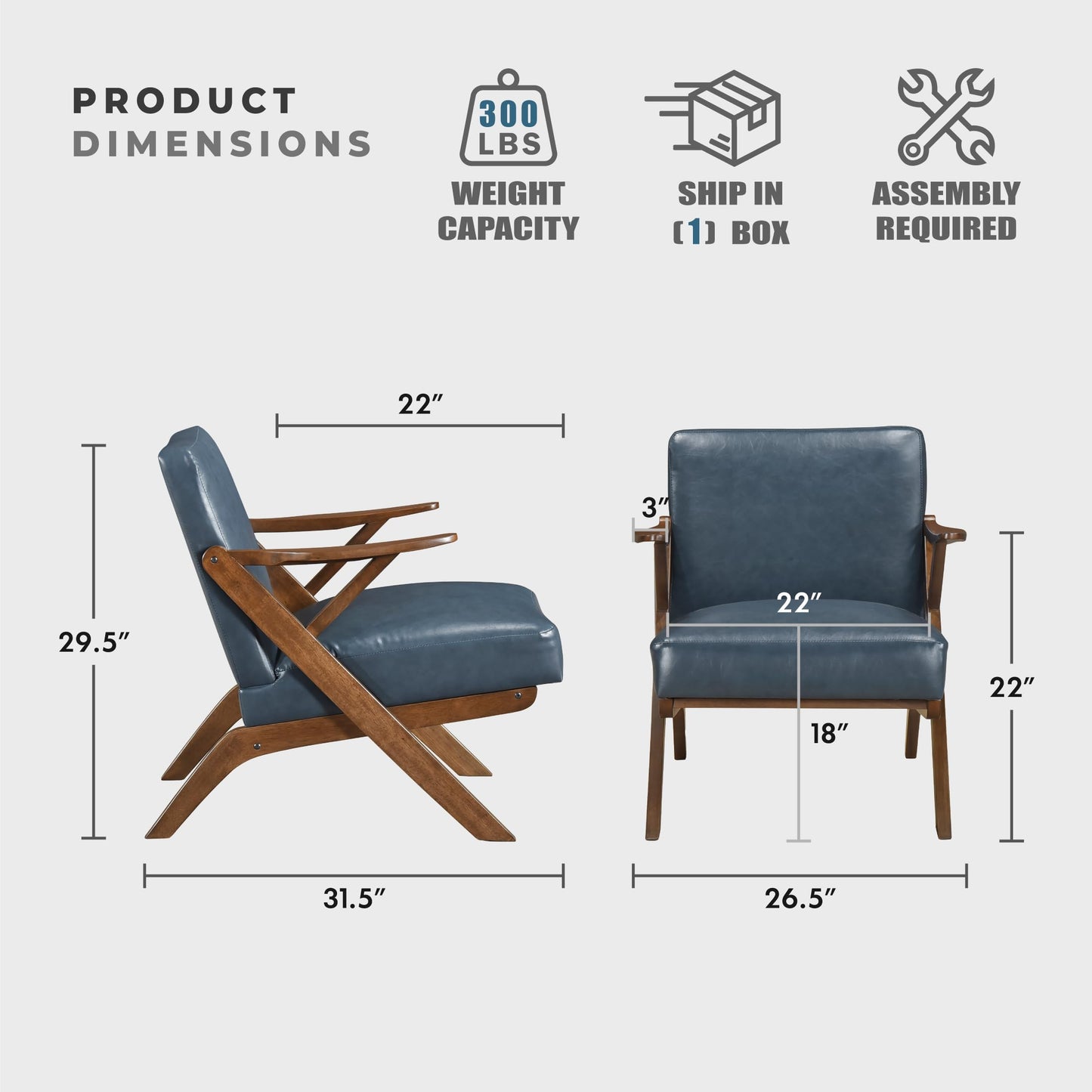 Lexicon Mid Century Modern Accent Chair, Faux Leather Upholstered Lounge Seat, Brown Finish Solid Wood Framed Comfy Side Chair for Living Room/Bedroom/Office/Waiting Area, Blue
