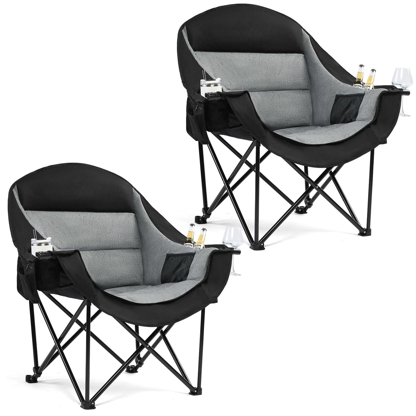 Oversized Camping Chair for Adults - Heavy Duty Outdoor Padded Large Lawn Camp Chair with Cup Holder Cooler Pockets for Sports Beach Fishing Garden Portable Supports 500lbs, Black/Grey 2 Pack