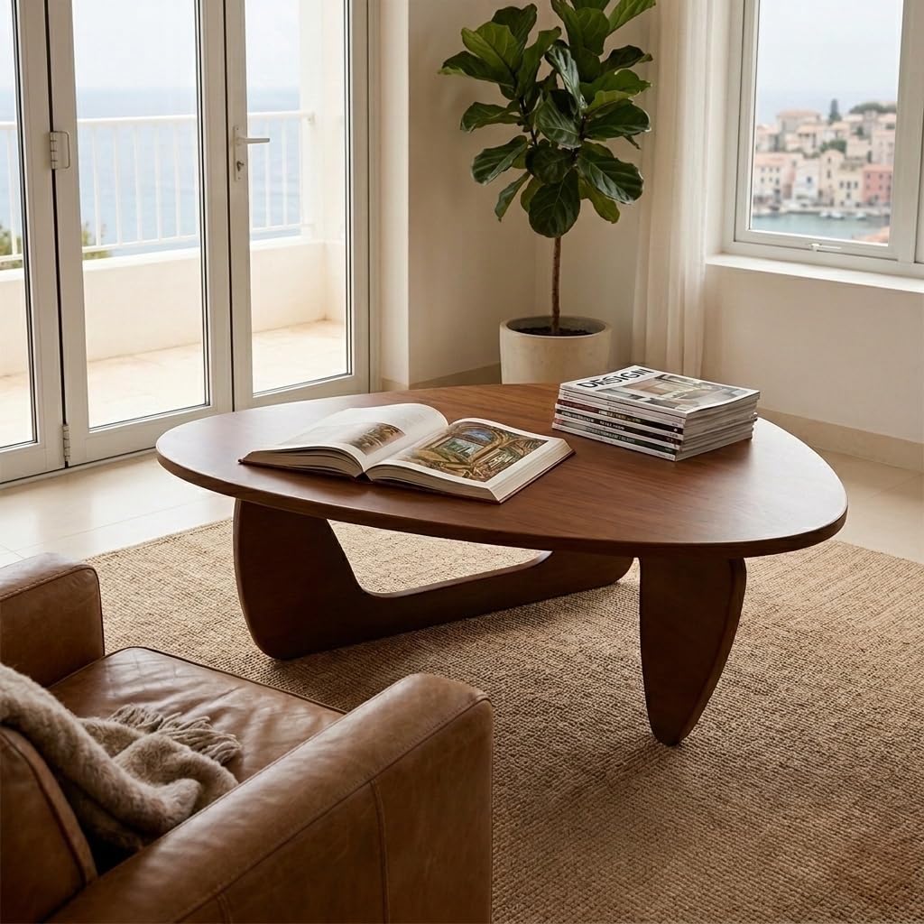 Solid Wood Coffee Table, Mid-Century Modern Triangle Center Table for Living Room, Triangular Wood Tea Table, Fingerprint-Free & Shatterproof, Walnut, 43.3" L x 30.7" W x 16.5" H