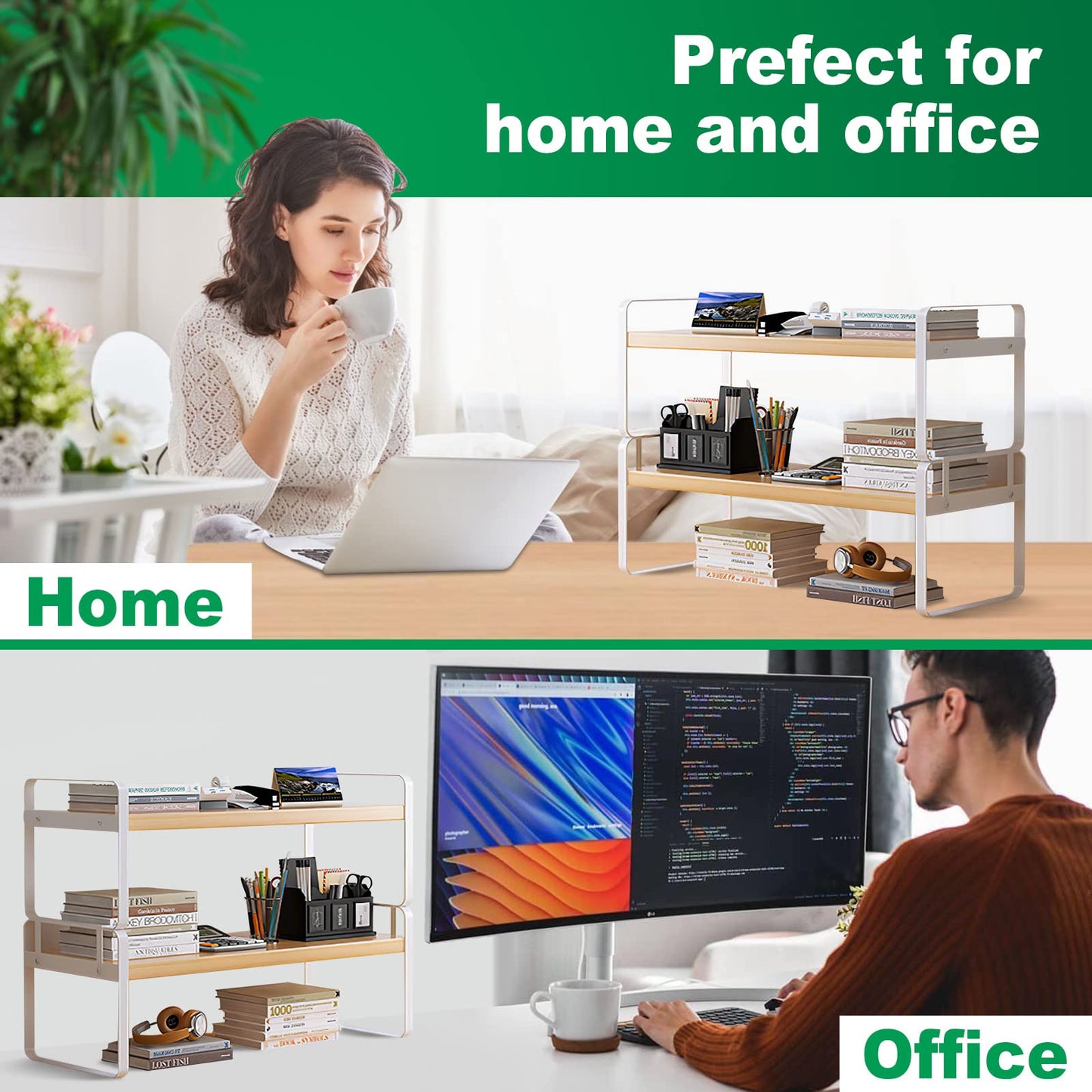 YGYQZ Desk Shelf Organizer for Top of Desk, Detachable 2 Tier Desktop Bookshelf, Wooden Desk Shelves Storage Rack, Small Desktop Shelf for Office Home Dorm, Tabletop Desk Organizer Stand (White Wood)