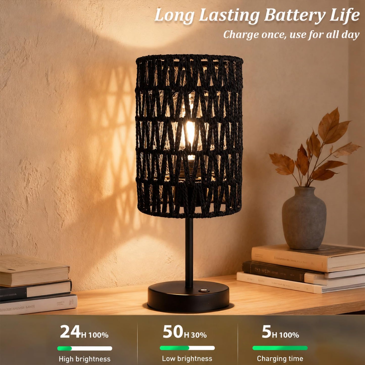ALL FORTUNE Boho Cordless Outdoor Table Lamps, Rechargeable Battery Operated Rattan Table Lamps, Stepless Dimmable, for Covered Patio, Porch, Gazebo, Living Room, Bedroom Decor- Set of 2 (Black)