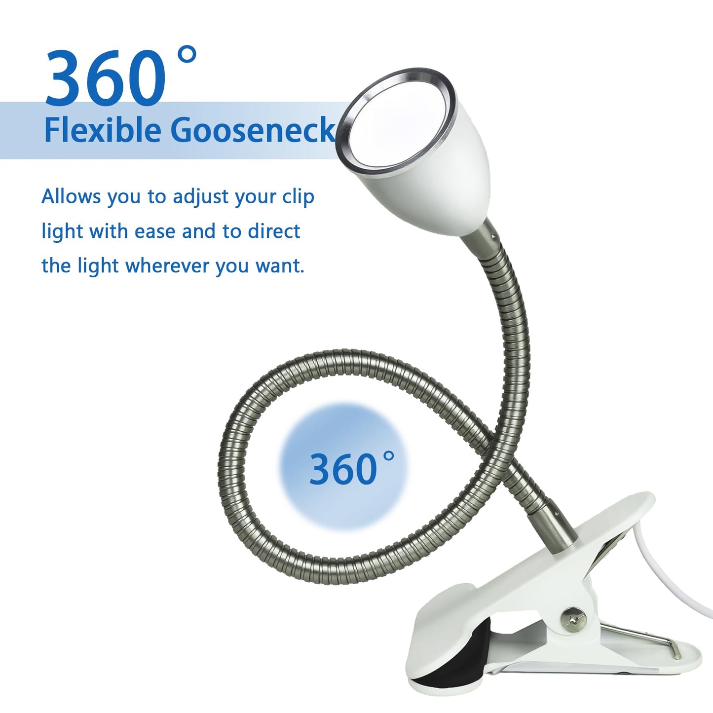 Desk lamp Eye-Caring Table Lamps, 360°Rotation Gooseneck Clip on Lamp Reading Light, Portable Reading Book Light, Clamp Light, Study Desk Lamps for Bedroom and Office Home Lighting (White with Dimme)
