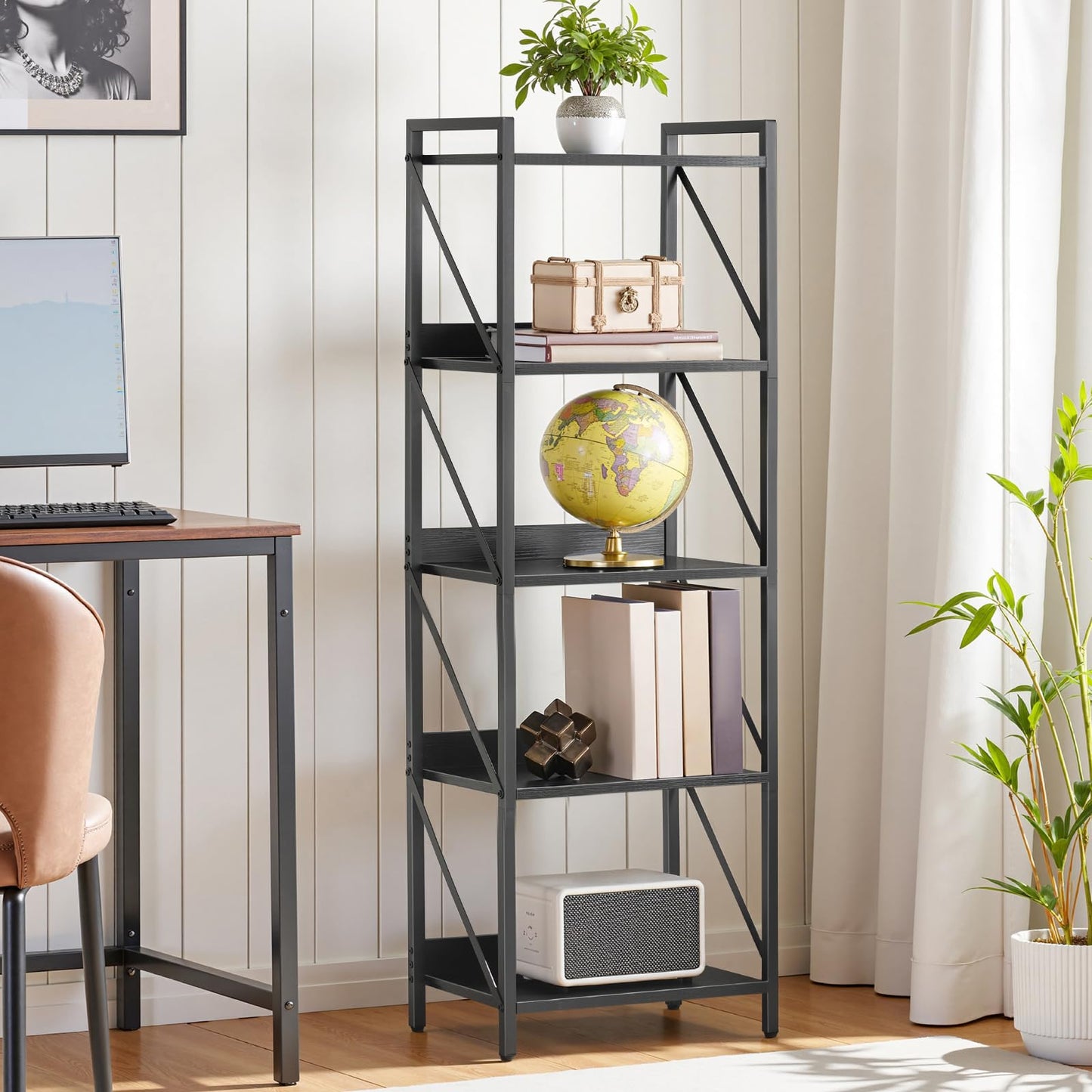 HOOBRO Bookshelf, 5-Tier Industrial Bookcase, Book Shelf Storage Organizer, Tall Bookshelf with Metal Frame for Living Room, Bedroom, Home Office, Kitchen, Black BB73SJ01