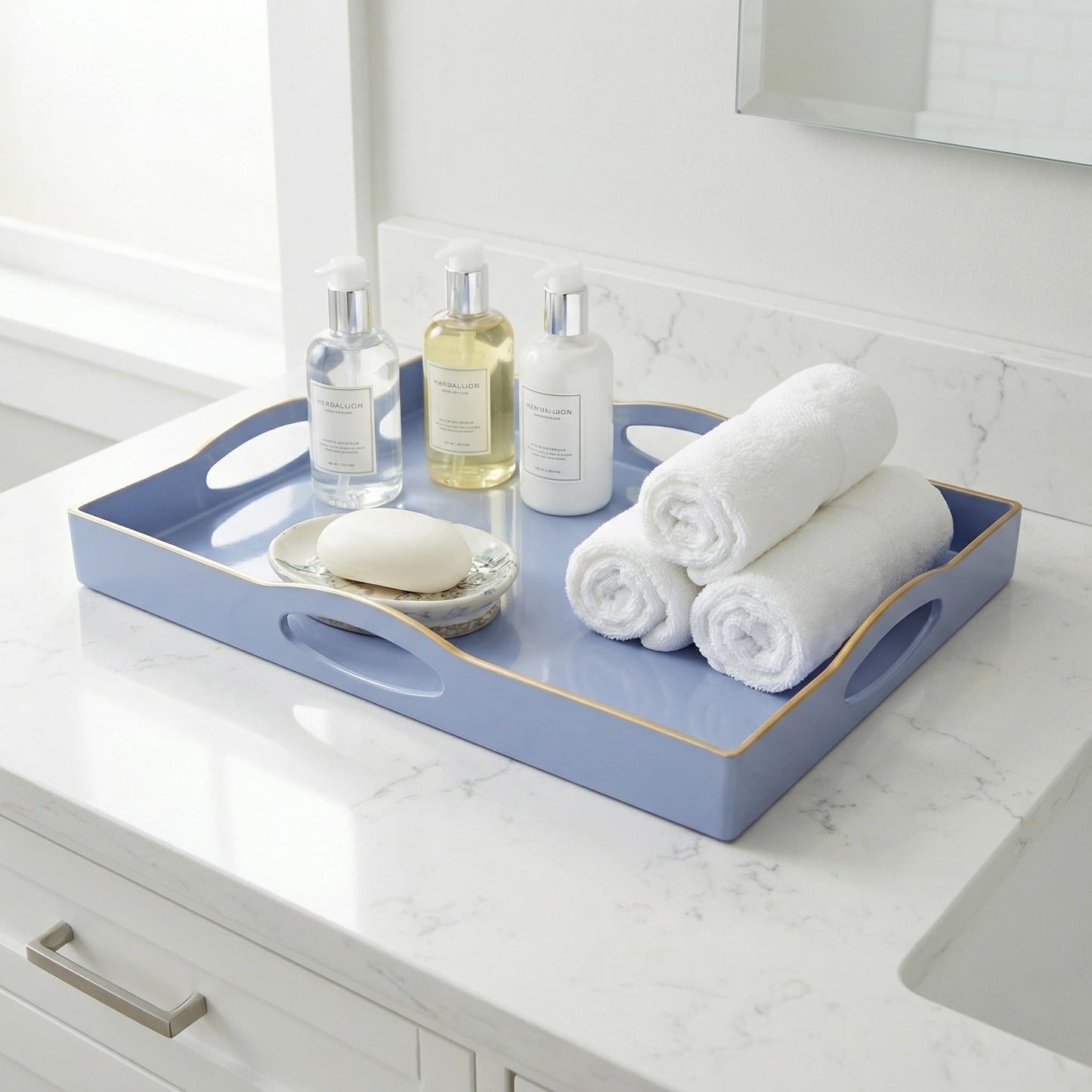Umisriro Blue Serving Tray with 4 Handles, Plastic Decorative Tray for Coffee Table, Ottoman - Ideal for Living Room & Bathroom. 15” x 11” x 1.9”
