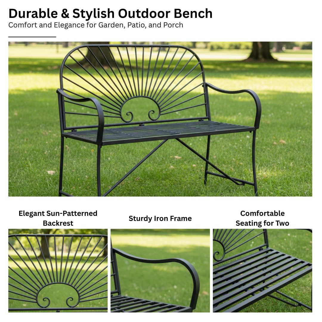 XBrand 44" L Iron Sun-Patterned Seat for Two, Patio & Porch Furniture for Park, Yard, Lawn, Balcony, Backyard – Black