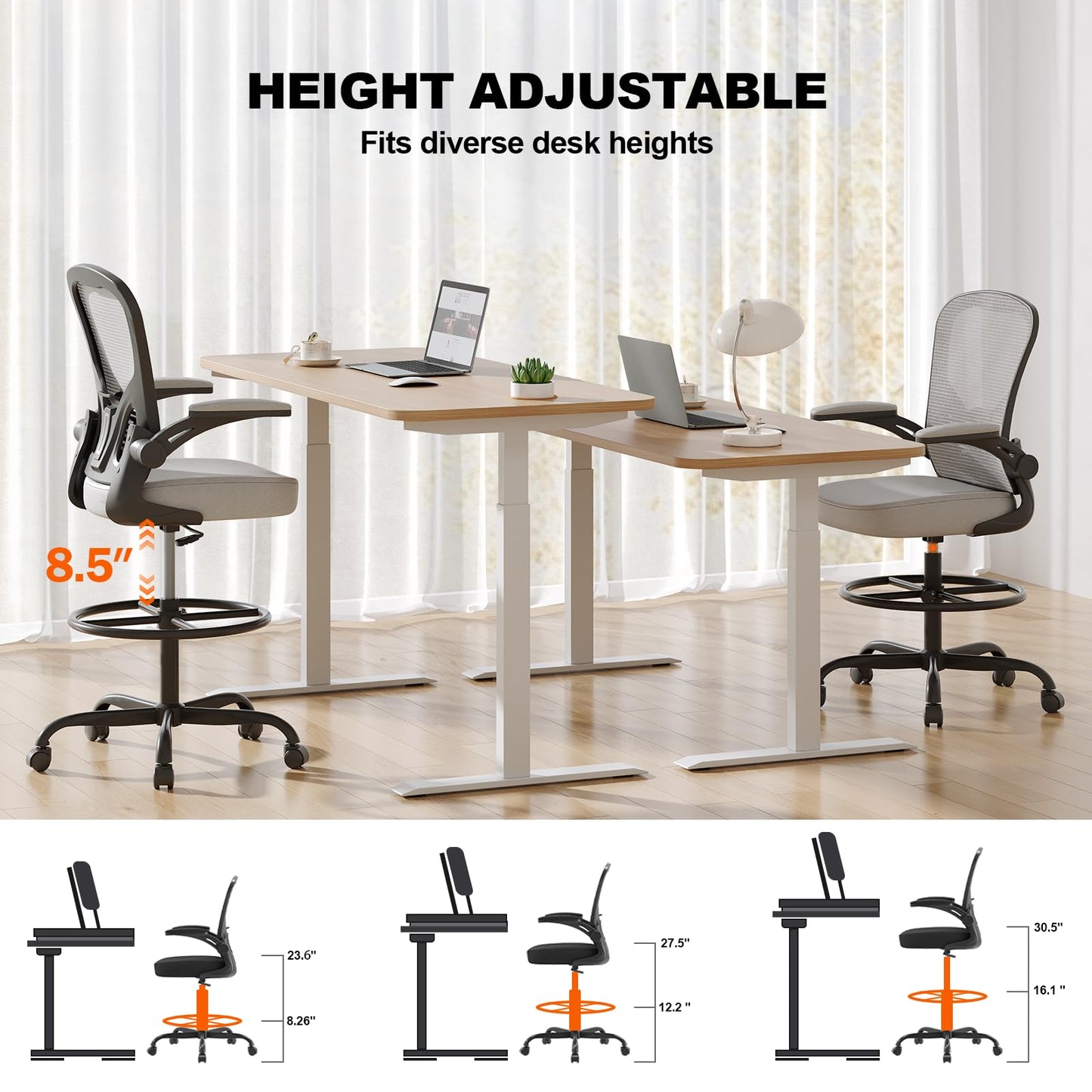 Ergonomic Drafting Chair, Tall Office Chair with Flip-up Armrests, Breathable Mesh High Desk Chair with Lumbar Support Adjustable Footrest Ring for Standing Desk Gray