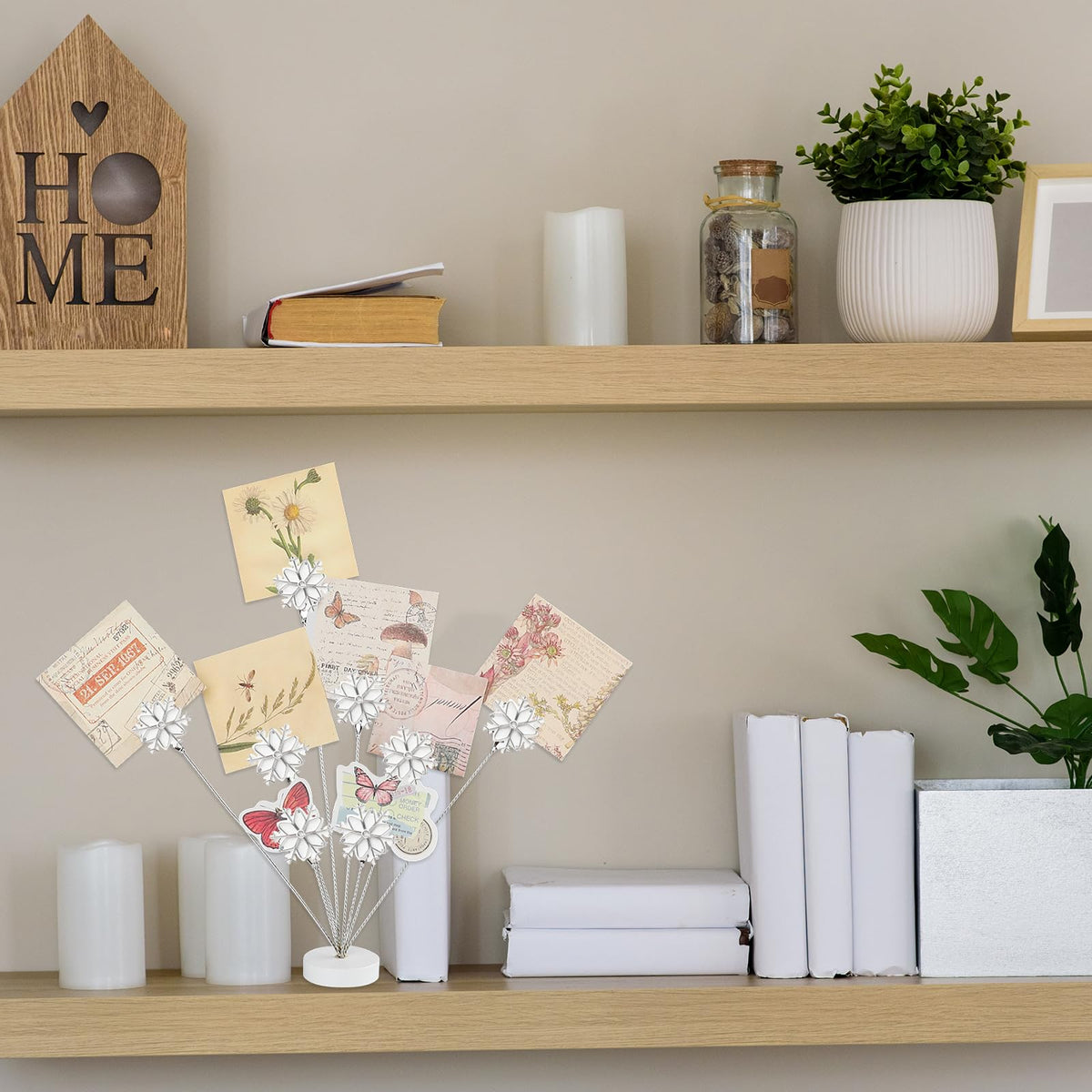 8-Branch Photo Tree Holder with Clips,Family Money Tree Picture Frame Stand,White Snowflake Gift Card Holder for Christmas,Cards, Notes, Memos,Wedding Photos, Office Desk and Home Decor