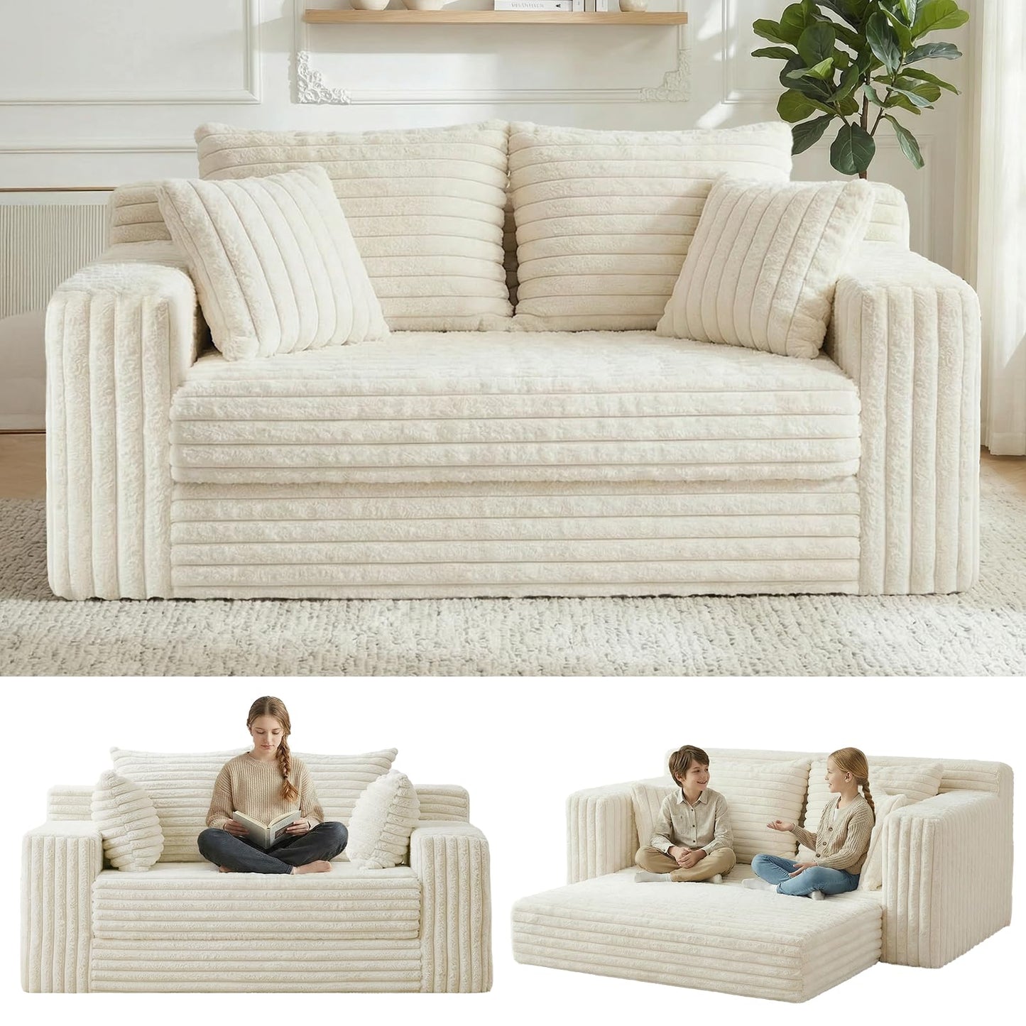 Winzoo 3-in-1 Convertible Sofa Bed: Boneless Loveseat Sleeper & Folding Couch Bed with 4 Pillows & Detachable Cushion,Furry Futon Couch for Bedroom,Apartment,Office and Living Room, No Assembly,Beige
