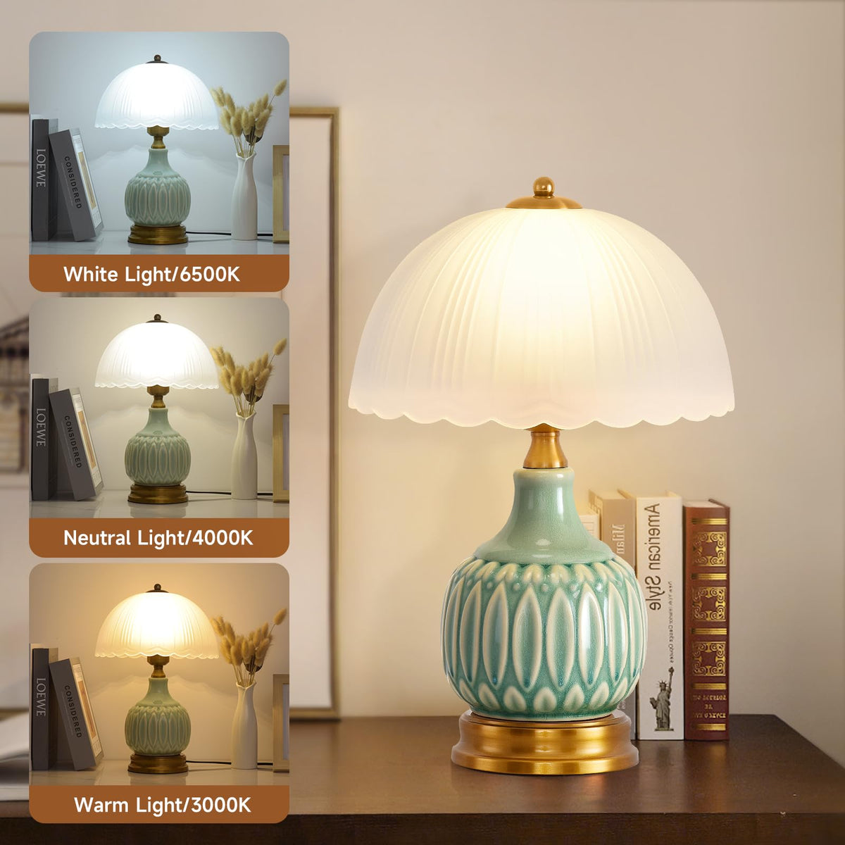 WELAISA Table Lamps Ceramic Retro Lamp for Living Room,15.7" Modern Bedside Nightstand Traditional Lamps, Classic Chinoiserie Green Glass Lamp for Home (Retro)
