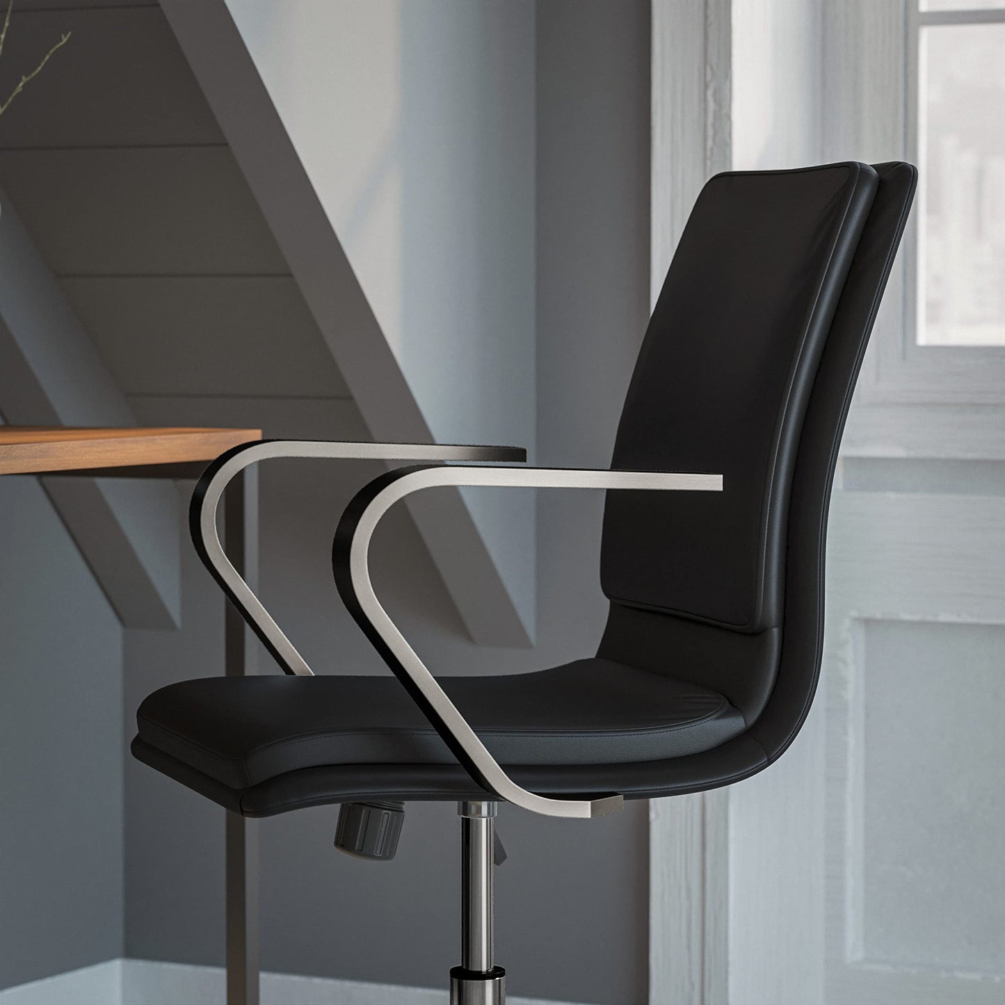 Flash Furniture James Mid-Back Designer Executive Office Chair - Black LeatherSoft Upholstery - Brushed Chrome Base and Arms - Height Adjustable 360° Swivel Seat