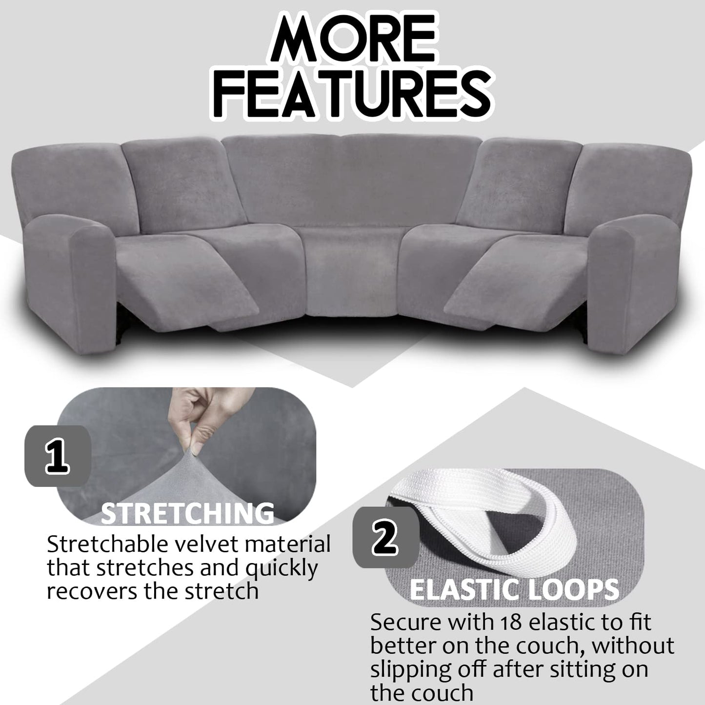 ULTICOR 7-Piece L Shape Sectional Recliner Sofa Covers, Velvet Stretch Reclining Couch Covers for Reclining Sofa, Thick, Soft, Washable (Light Gray, 5 Seat Recliner Cover)