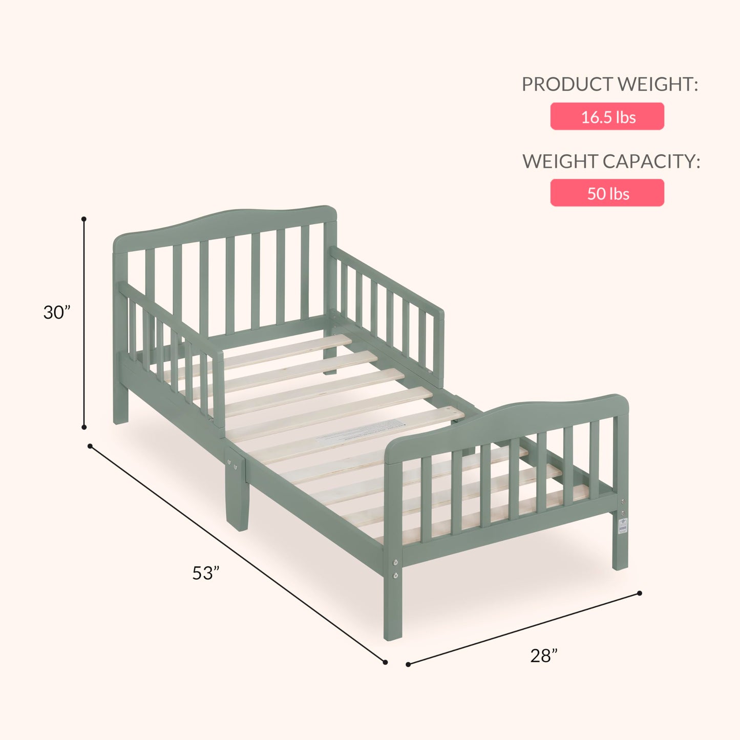 Dream On Me Classic Design Toddler Bed, Safety Rails, GREENGUARD Gold, Meadow Green