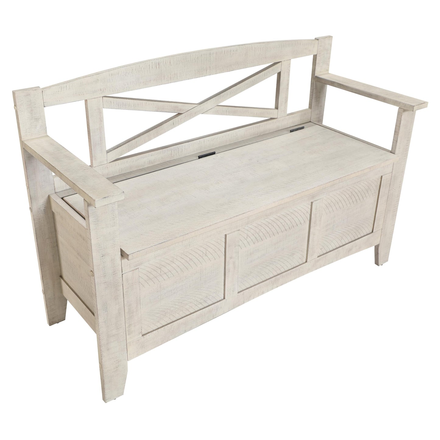 OSP Home Furnishings Metro Entry Way Storage Bench with X-Back, Distressed White Finish