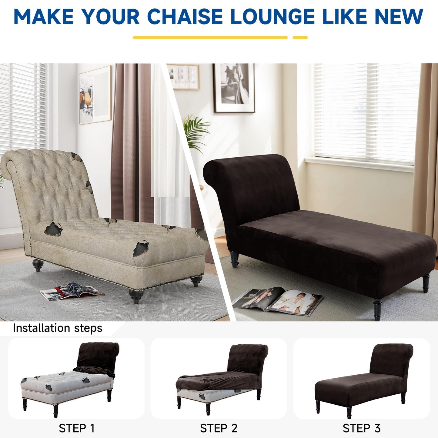 Velvet Chaise Lounge Cover Indoor Armless Chaise Slipcover Luxury High Stretch Ultra Soft Lounge Chair Covers Modern Machine Washable Chair Cover for Living Room Bedroom Furniture, Brown