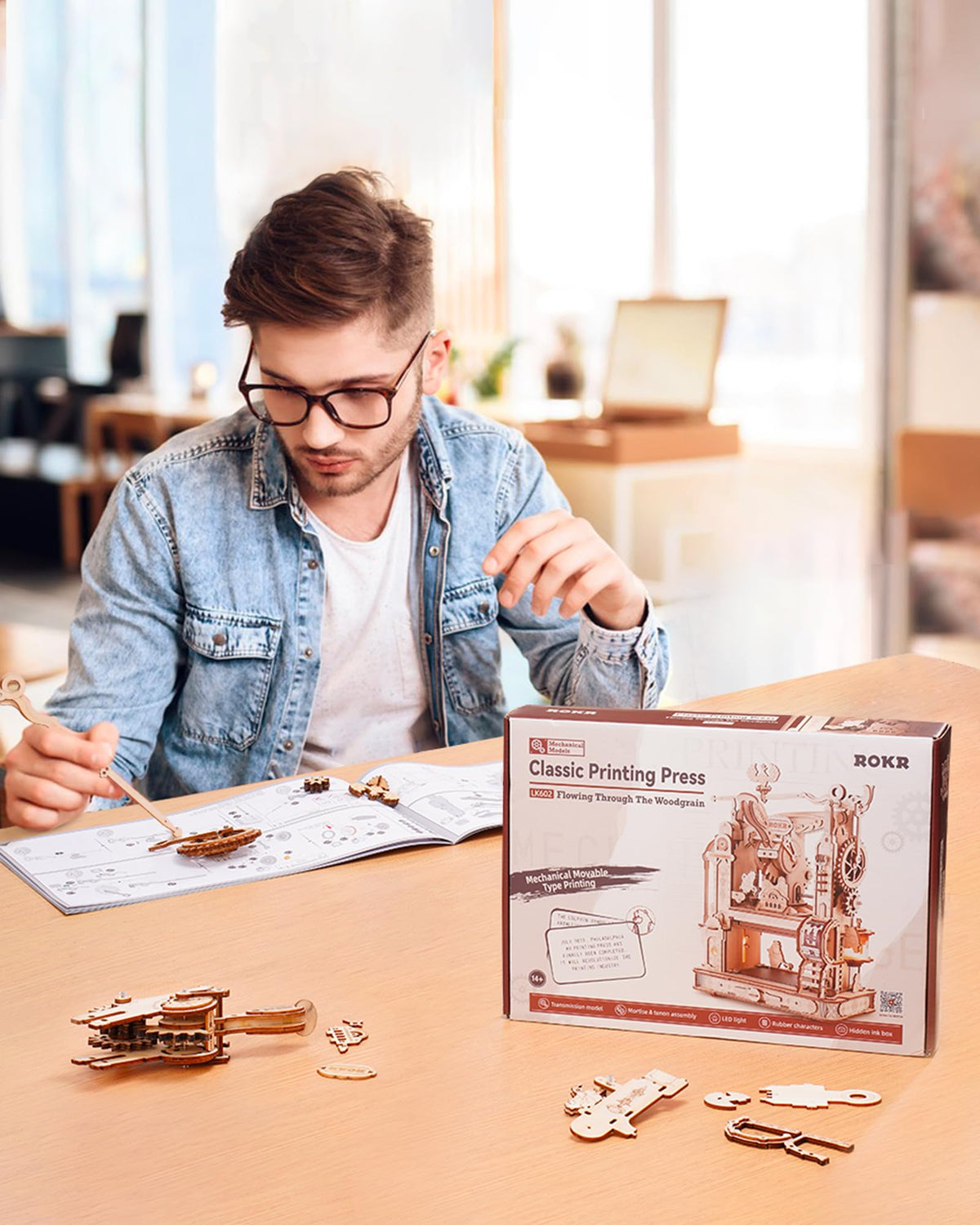 ROKR 3D Puzzle for Adults, Wooden Puzzles Classic Printing Press Model Building Kits, DIY Wood Crafts Cool Toys for Birthday, STEM Hobbies for Women Men (LK602)