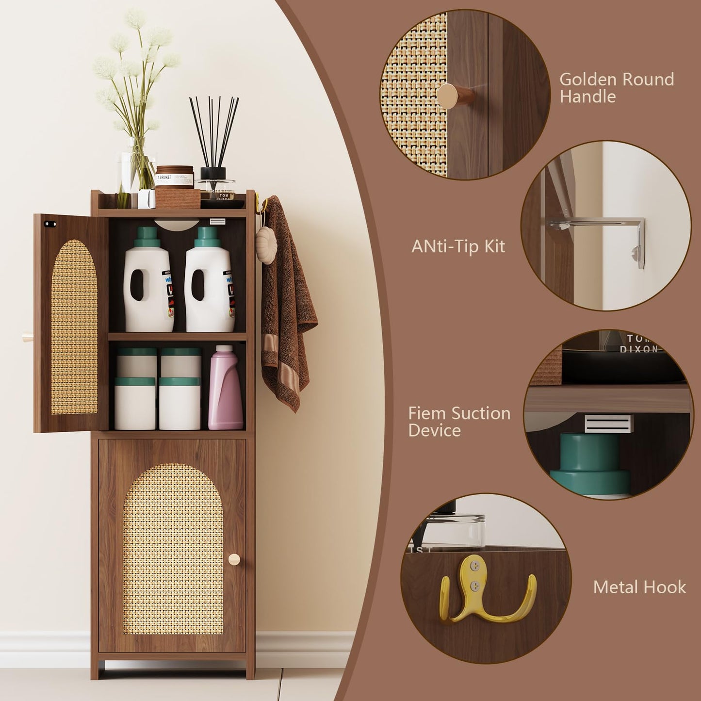 Rattan Bathroom Storage Cabinet,Corner Floor Cabinet with 2 Doors and Adjustable Shelf, Narrow Toilet Paper Cabinets with 2Hooks,Toilet Organizer for Small Spaces,7.87"D*9.84"W*29.72"H （Brown）