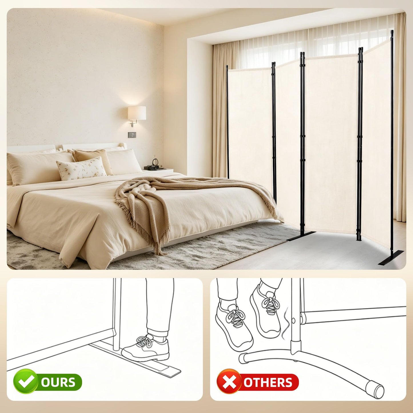 Room Divider and Folding Privacy Screens, 4 Panel 88in Wide Room Divider Wall Screen for Room Separtition, Partition Room Dividers Fabric Panel Wall Dividers for Office, Bedroom, Studio Dorm, Beige