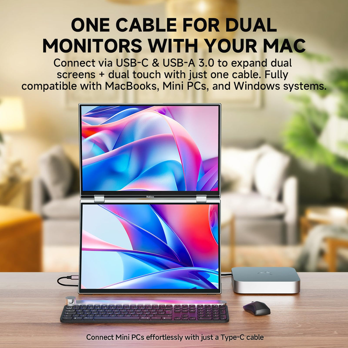 Biakknoe U16 Pro 16" Dual Portable Monitor Touchscreen, 1200P FHD Laptop Screen Extender with USB-A&C/HDMI, Foldable Travel Monitor for Laptop/Mac/PC/Windows, Single-Cable Dual Display, VESA Mountable