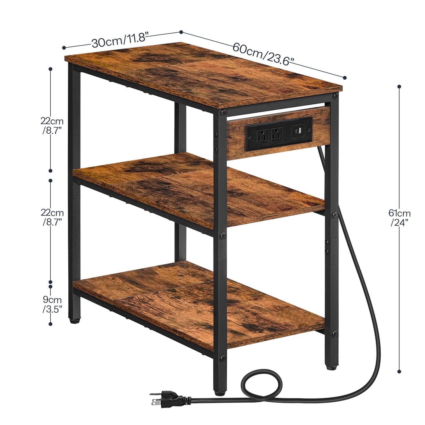 HOOBRO End Table with Charging Station, Side Table with 3 Tier Storage Shelf, Narrow Nightstand for Small Spaces, for Living Room, Bedroom, Easy Assembly, Rustic Brown and Black BF149UBZ01