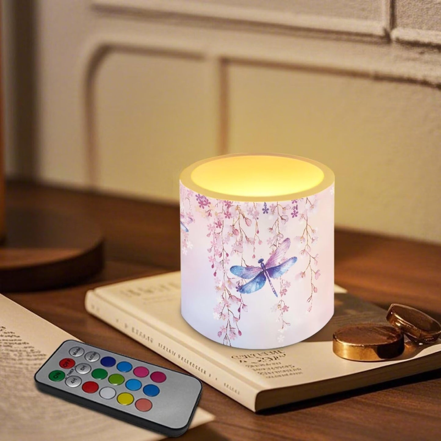 Cozeyat Cherry Blossom Dragonfly LED Candles Set of 4 Battery Powered Flameless with Remote Timer Flickering Flame Waterproof for Beach Home Table Use