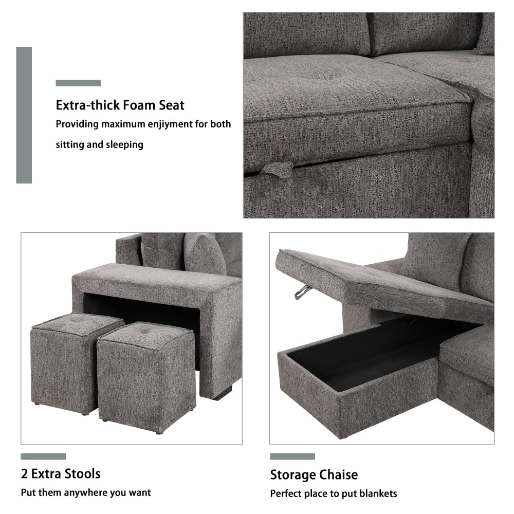 104.5" Modern L-Shape 3 Seat Reversible Sectional Couch, Pull Out Sleeper Sofa with Storage Chaise and 2 Stools for Living Room Furniture Set,Knox Charcoal