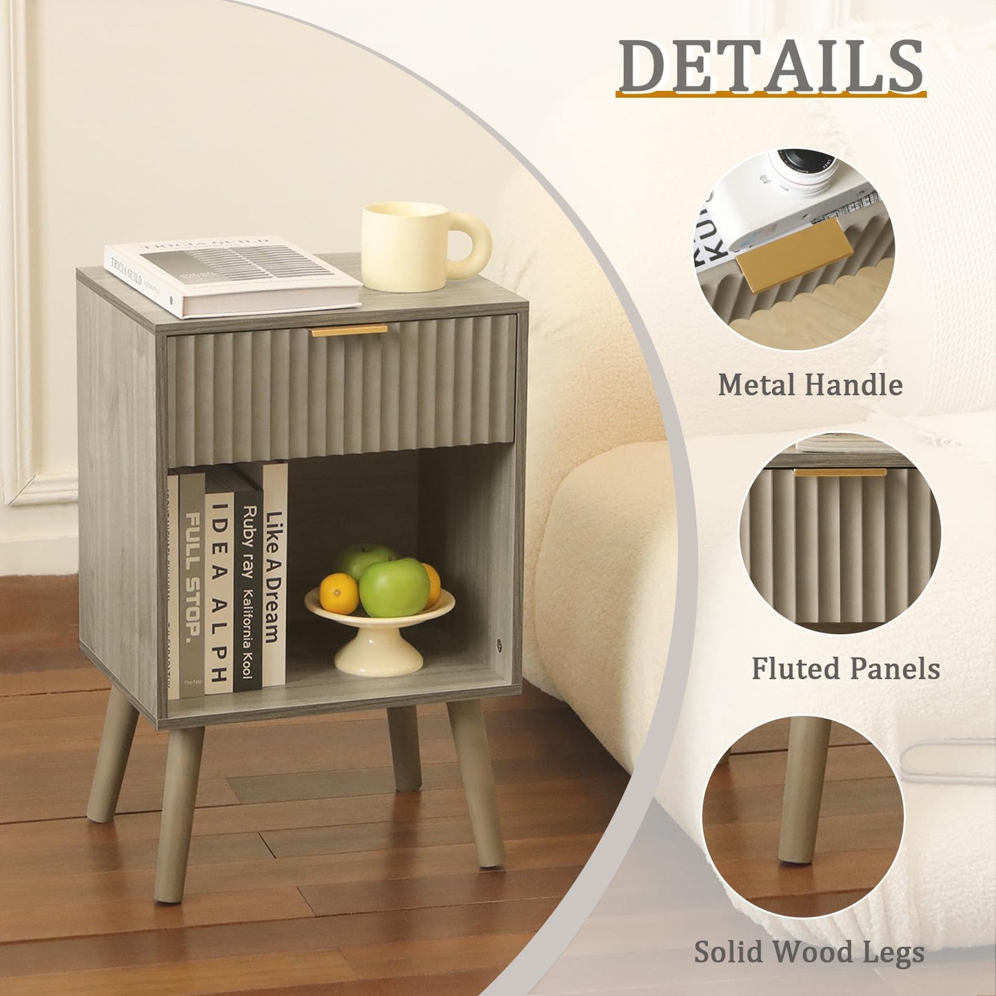 Fultyle Grey Wood Nightstand with Charging Station, Modern Bedside Table with Fluted Drawers and Storage Shelf, End Side Tables Living Room for Bedroom, Office (Grey)