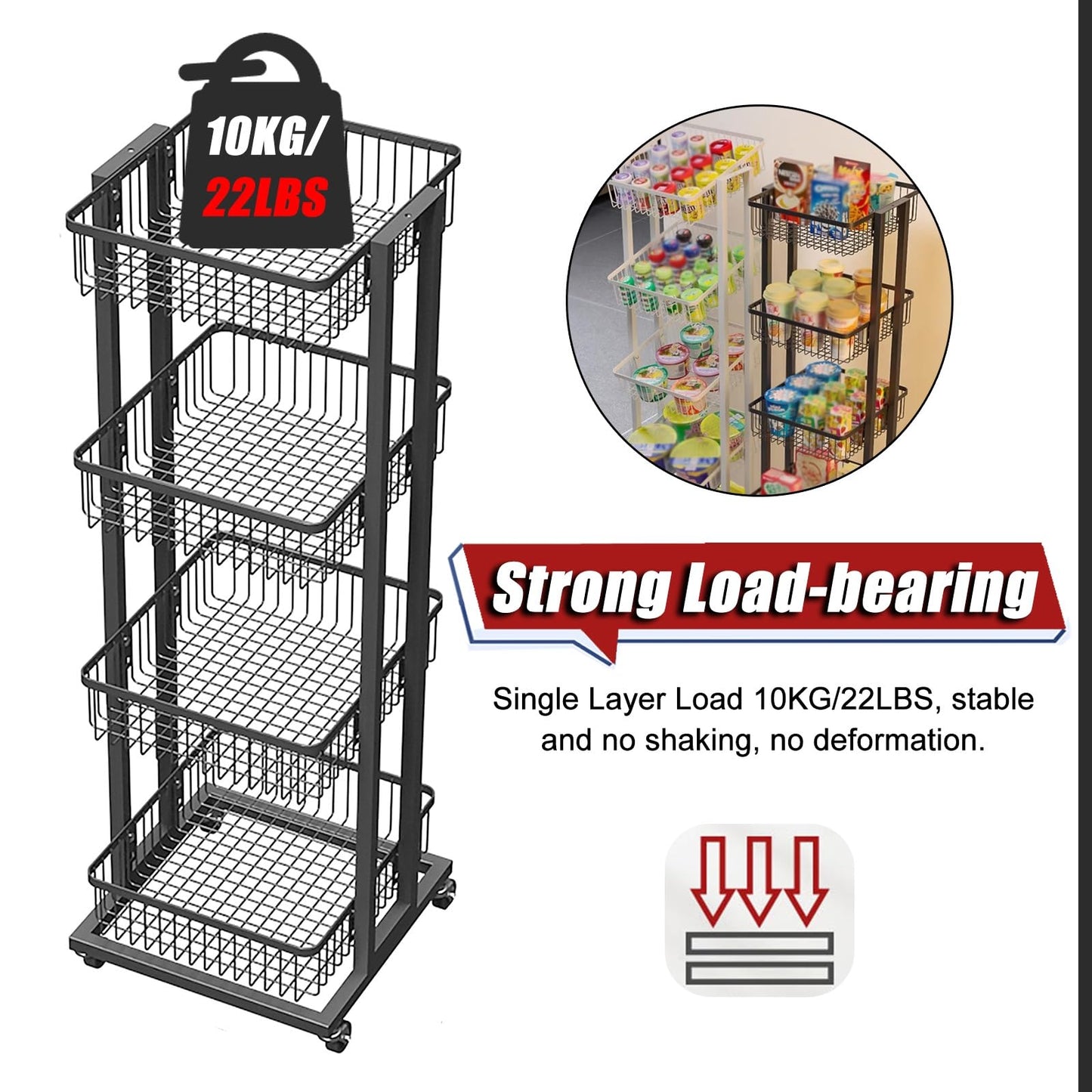 3/4/5 Layer Snack Organizer for Pantry Shelf, Freestanding Mobile Chip Candy Snack Fruit Vegetable Display Rack with Tiltable Basket, Kitchen/Pantry/Office Wire Storage Cart (