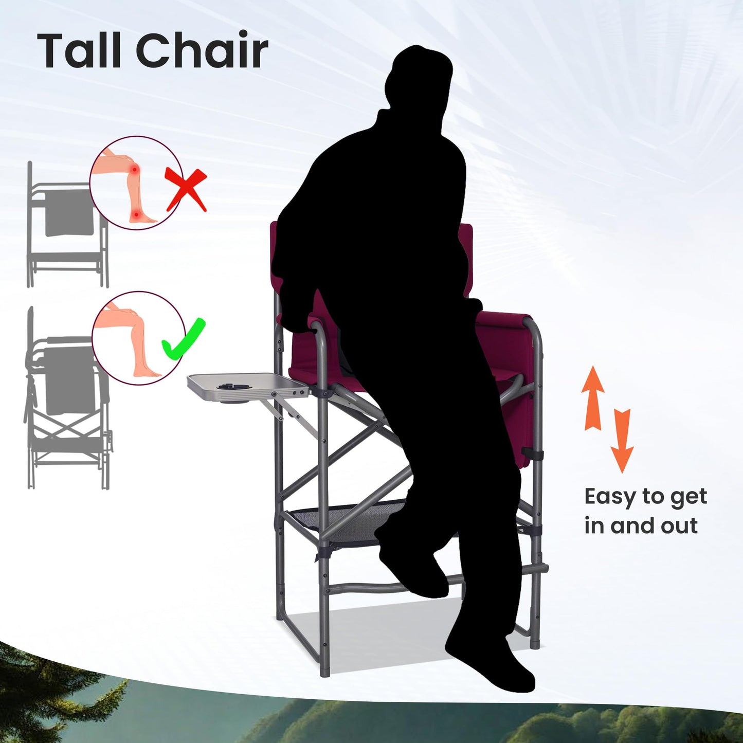 Foristrail 30" Bar Height Director Chair - 400lbs Heavy Duty with Detachable Footrest & Side Table, Portable Foldable Chair for Makeup Artists/Outdoor Events (Wine Red)