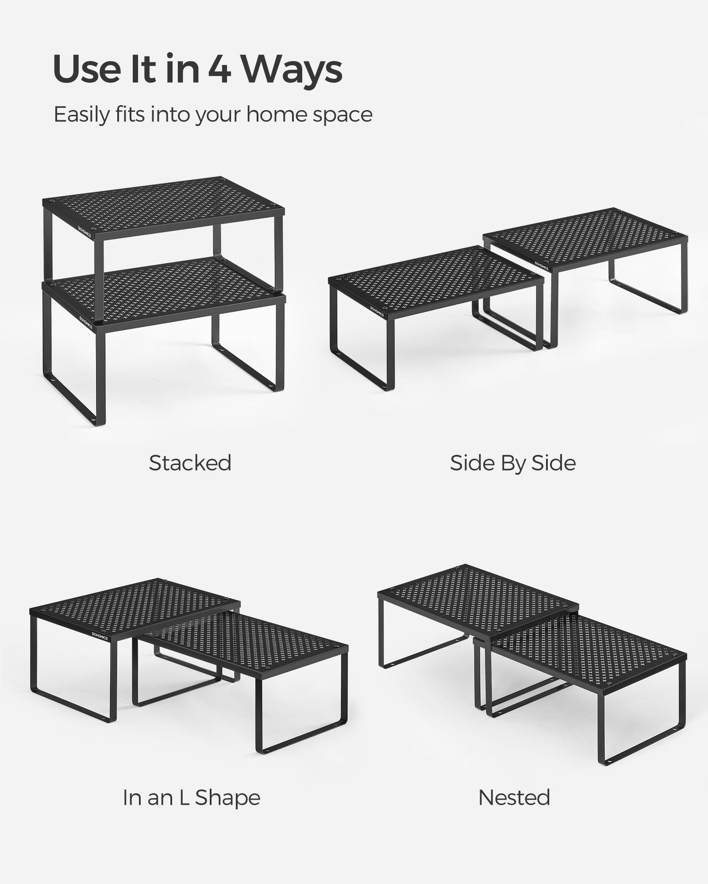 SONGMICS Spice Racks, Set of 2 Metal Cabinet Shelf Organizers, Countertop Organizers, Shelf Risers, Stackable, Expandable, Ink Black UKCS001B01
