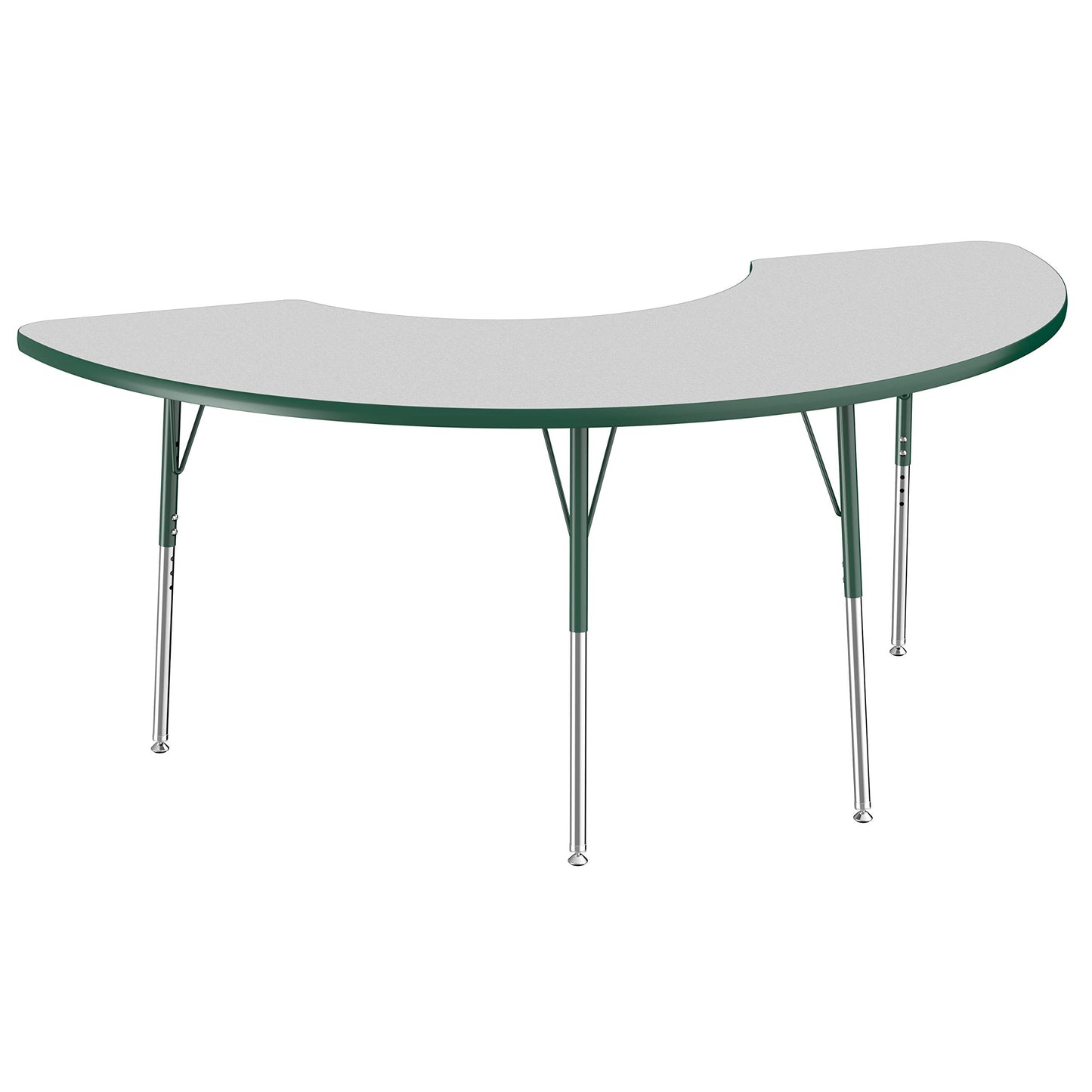 FDP Half Moon Activity School and Office Table (36 x 72 inch), Standard Legs with Swivel Glides for Collaborative Seating Environments, Adjustable Height 19-30 inches - Gray Top and Green Edge