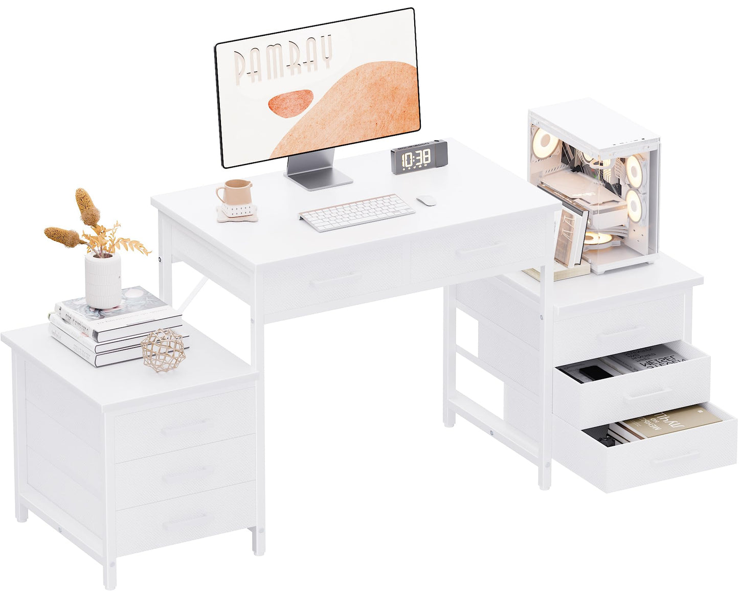 Pamray 63 Inch Computer Desk with 8 Drawers and Printer Shelves for Office