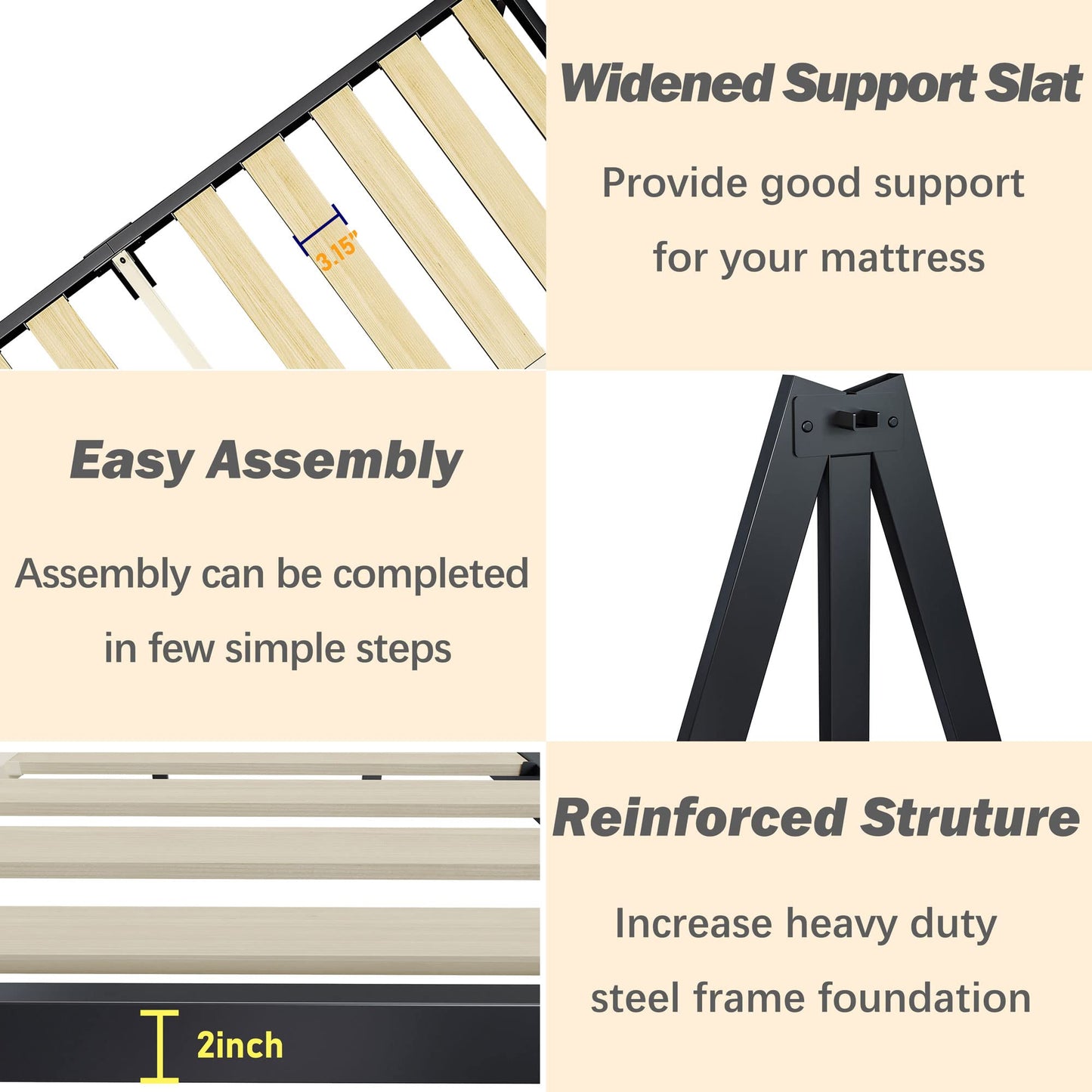 ZIYOO Twin Size Bed Frames 16 Inches Tall, 3 Inches Wide Wood Slats with 2500 Pounds Support for Foam Mattress, No Box Spring Needed, Heavy Duty Platform Bed Frame, Easy Assembly, Noise Free