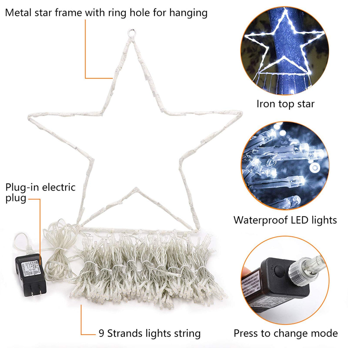 FUNIAO Outdoor Christmas Star Lights 320 LED Waterfall Christmas Tree Lights 8 Lighting Modes Outdoor Christmas Decorations Star String Lights for Outside Tree Wall Yard Xmas Wedding Party (White)