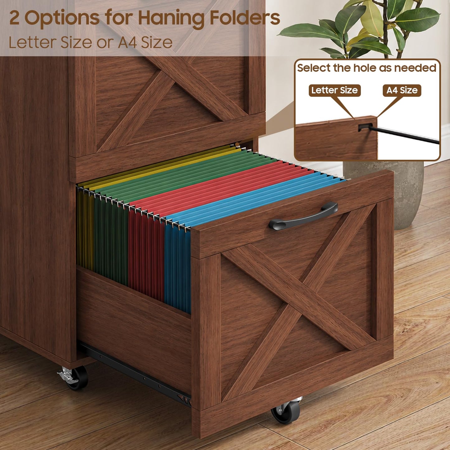 Halitaa 2 Drawer Small File Cabinet with Wheels, Farmhouse Vertical Filing Cabinet Fits A4/Letter Size, Under Desk Rolling File Cabinets for Home Office, Wooden Printer Stand, Walnut