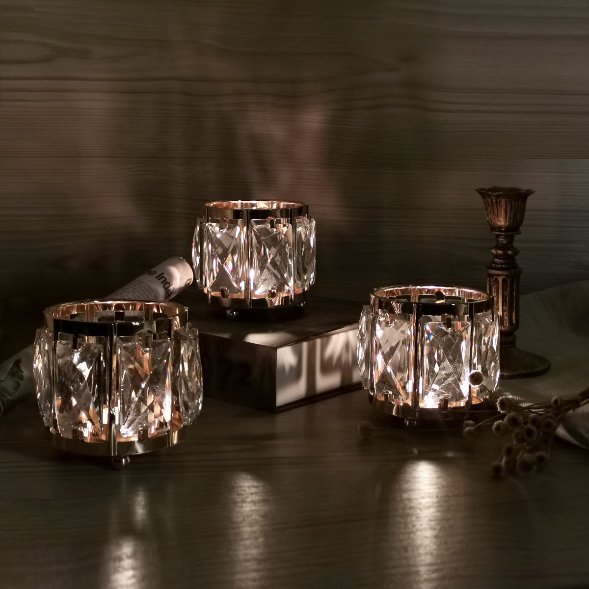 Kolnlala 6pcs Tabletop Tealight Crystal Candle holders3.5''x3.5'' Class Votive Holder Home Decoration,Table centerpieces/Wedding Decor,Gorgeous Gift,Tabletop/Centerpiece Votive Holder (French Gold)